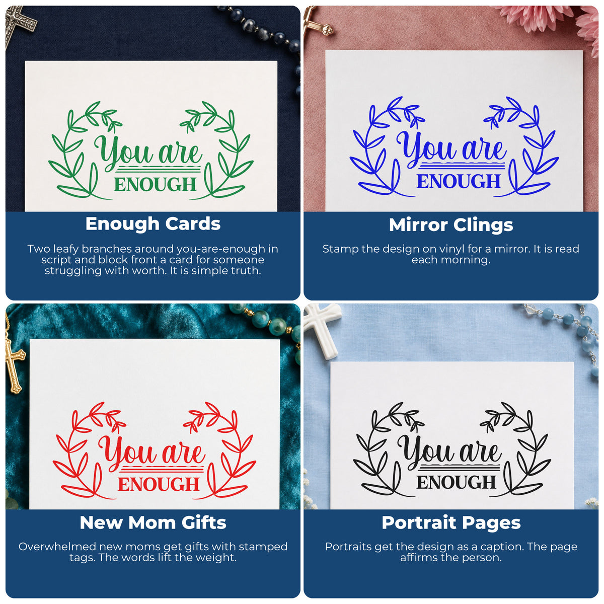 Four ways to use the Premium Wooden You Are Enough Stamp - Vintage Pro: enough cards, mirror clings, new mom gifts and portrait pages.