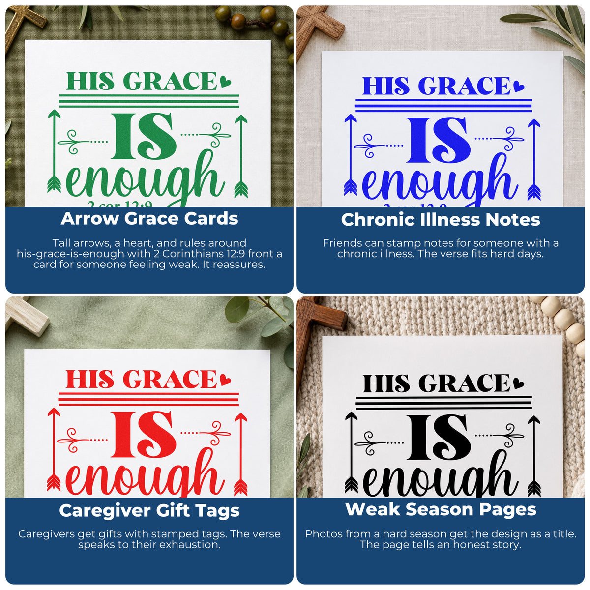 Four ways to use the His Grace Is Enough Arrows Rubber Stamp – Duo Hand: arrow grace cards, chronic illness notes, caregiver gift tags and weak season pages.