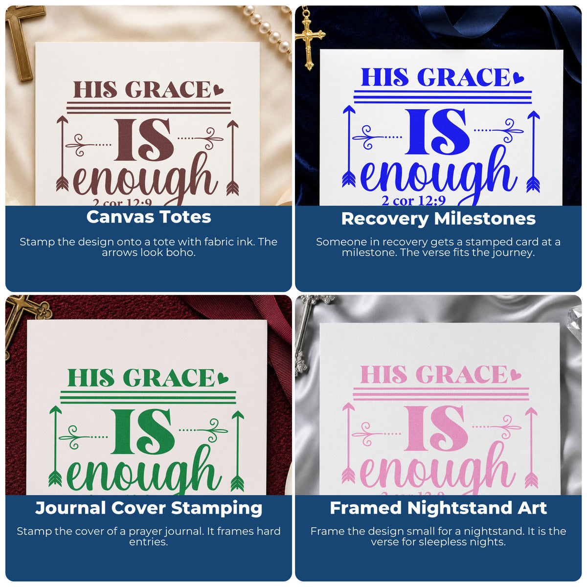 Four ways to use the His Grace Is Enough Arrows Premium Wooden Stamp - Vintage Pro: canvas totes, recovery milestones, journal cover stamping and framed nightstand art.
