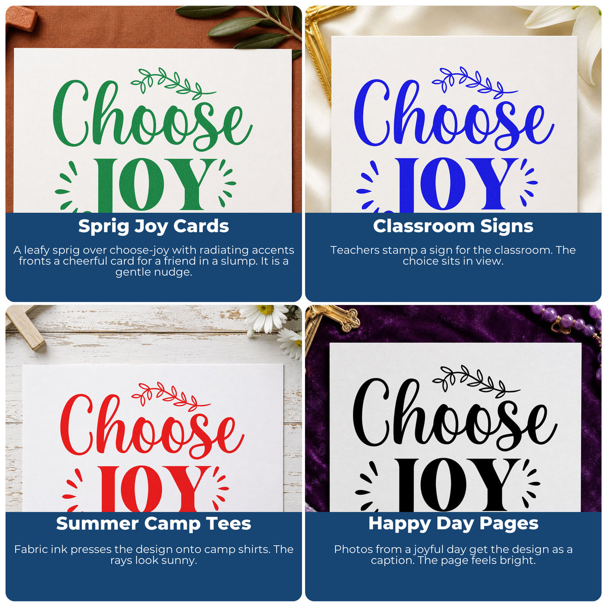 Four ways to use the Self-Inking Choose Joy Stamp: sprig joy cards, classroom signs, summer camp tees and happy day pages.