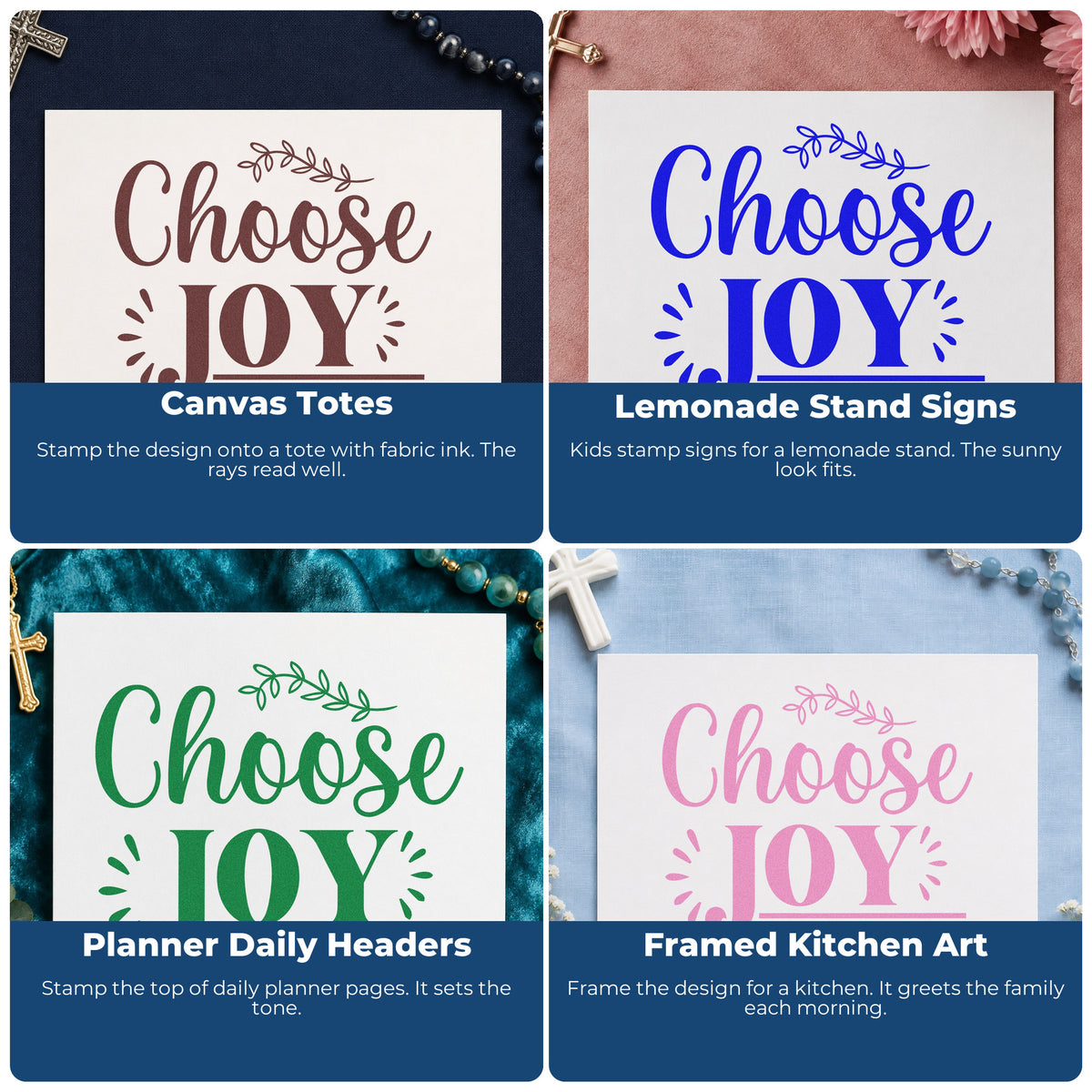 Four ways to use the Self-Inking Choose Joy Stamp: canvas totes, lemonade stand signs, planner daily headers and framed kitchen art.