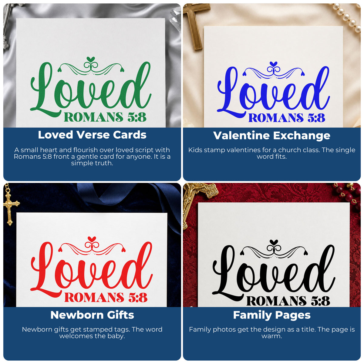 Four ways to use the Loved Romans Five Eight With Hearts PSI Pre-Inked Stamp: loved verse cards, valentine exchange, newborn gifts and family pages.