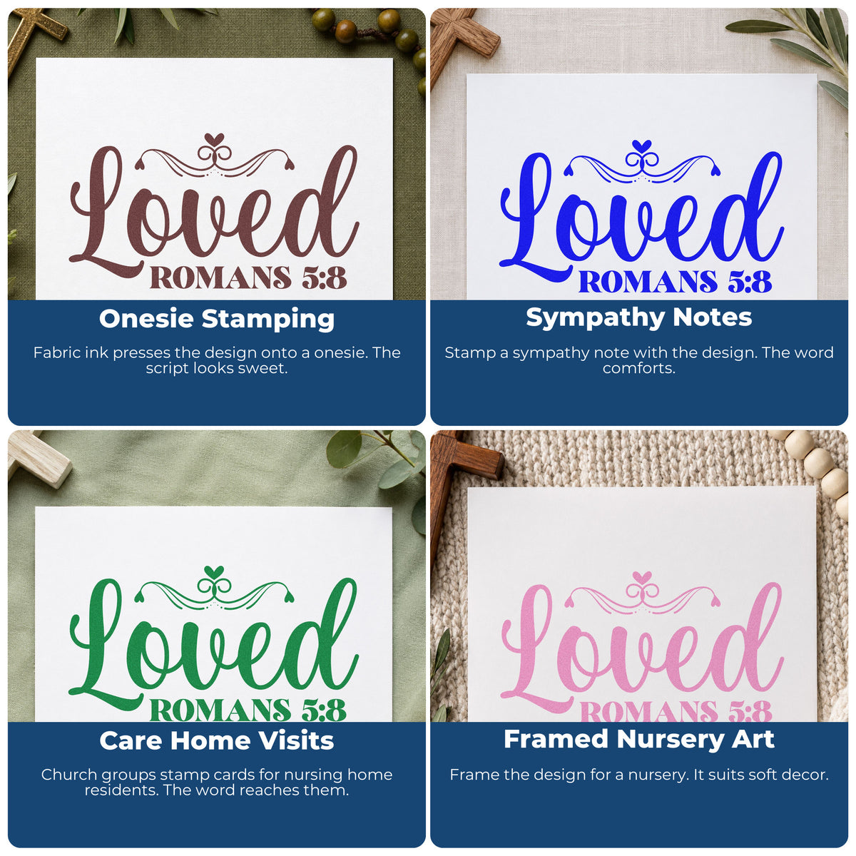 Four ways to use the Loved Romans Five Eight With Hearts PSI Pre-Inked Stamp: onesie stamping, sympathy notes, care home visits and framed nursery art.