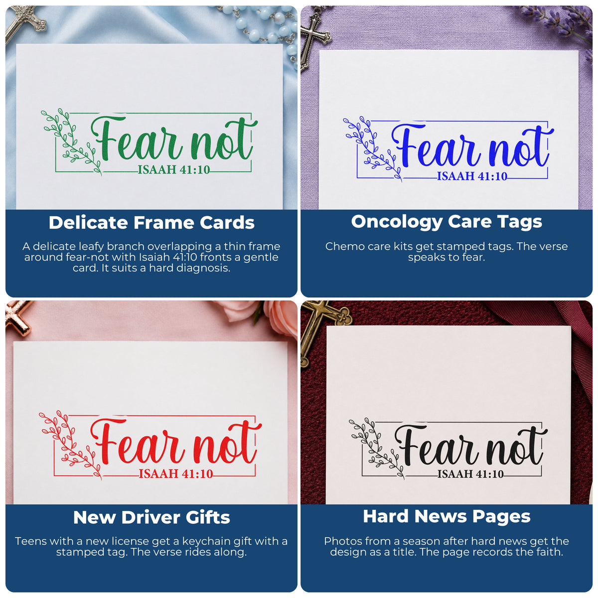 Four ways to use the Fear Not Leafy Frame Premium Wooden Stamp - Vintage Pro: delicate frame cards, oncology care tags, new driver gifts and hard news pages.
