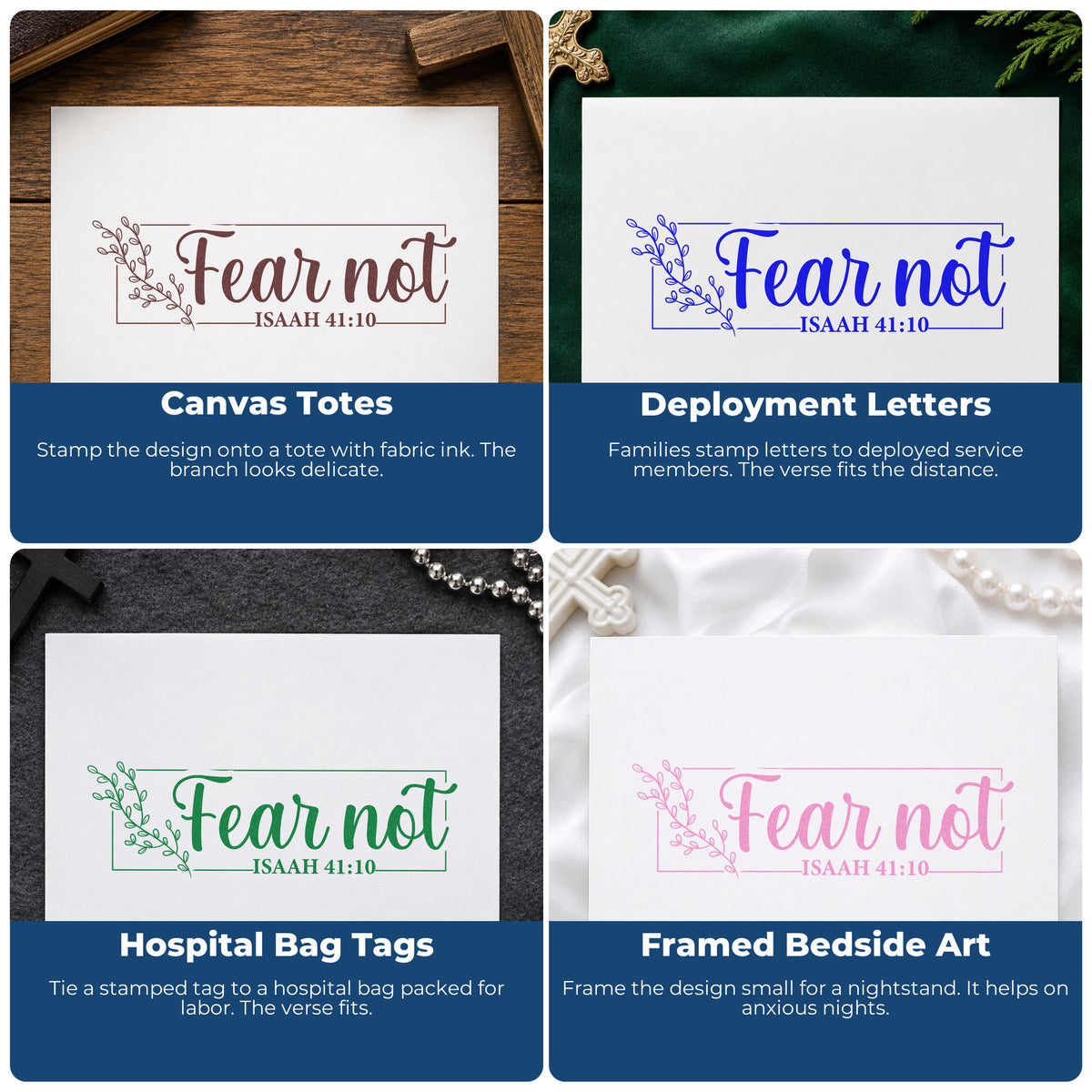 Four ways to use the Fear Not Leafy Frame Premium Wooden Stamp - Vintage Pro: canvas totes, deployment letters, hospital bag tags and framed bedside art.