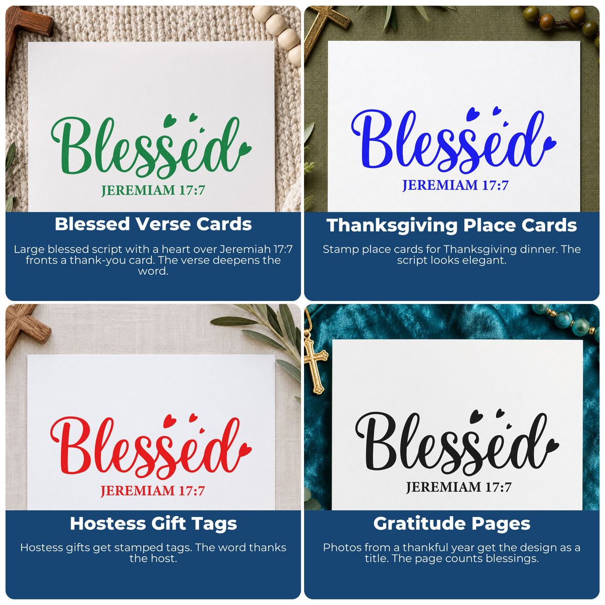 Four ways to use the Blessed Jeremiah Pre-Inked Stamp – PSI: blessed verse cards, thanksgiving place cards, hostess gift tags and gratitude pages.