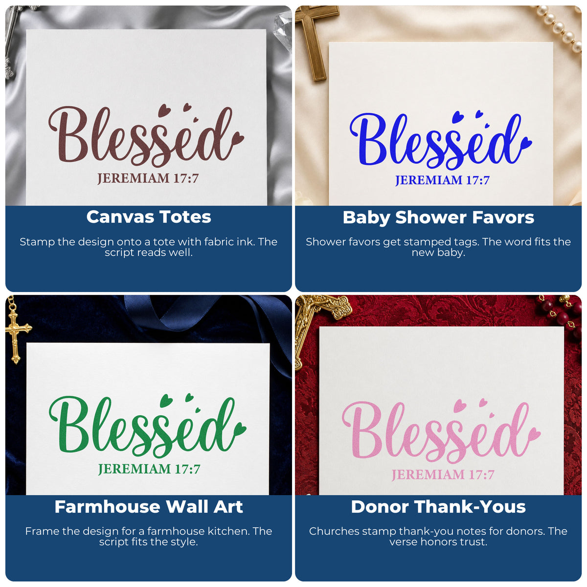 Four ways to use the Blessed Jeremiah Wood Handle Stamp: canvas totes, baby shower favors, farmhouse wall art and donor thank-yous.