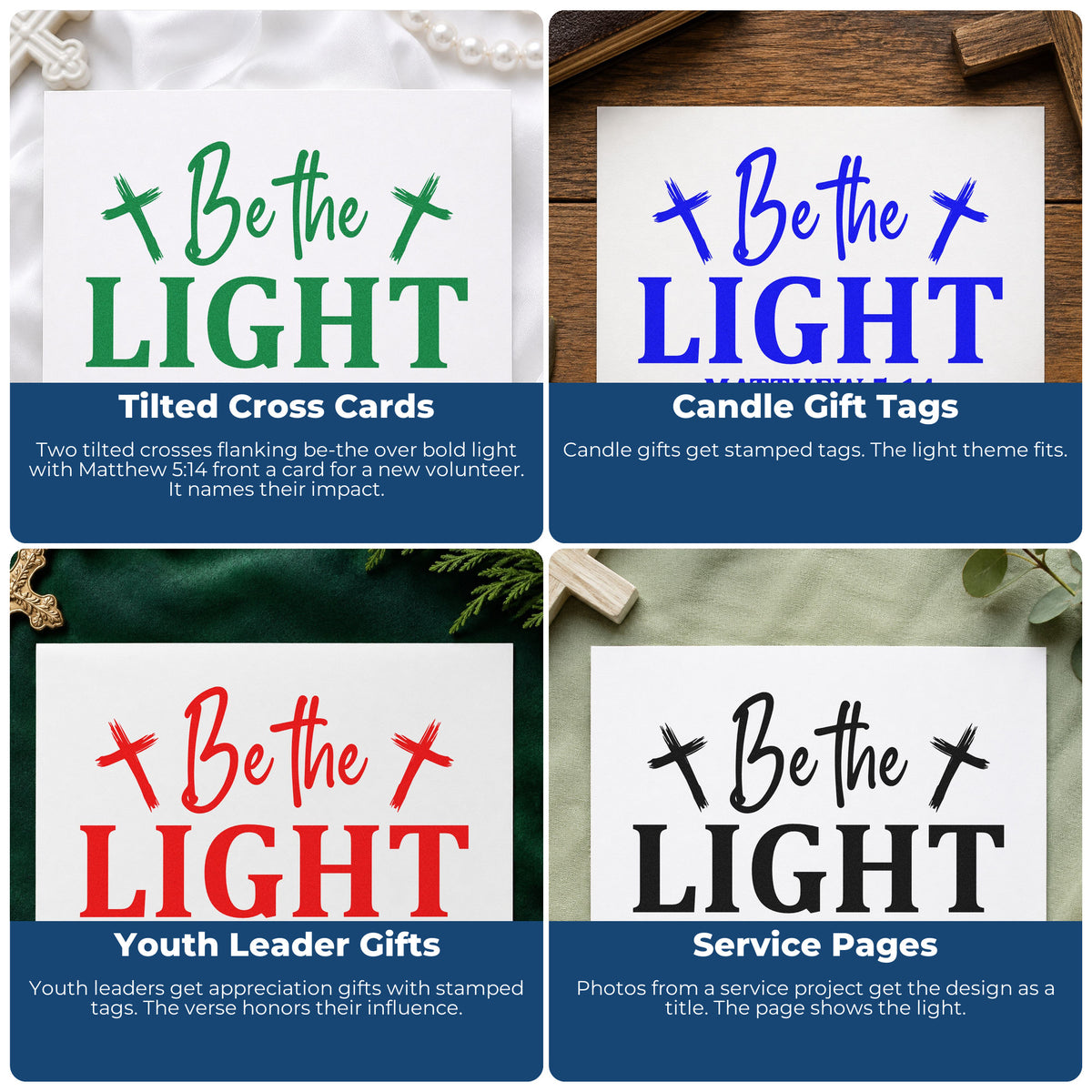 Four ways to use the Premium Wooden Be The Light Crosses With Cross Stamp - Vintage Pro: tilted cross cards, candle gift tags, youth leader gifts and service pages.