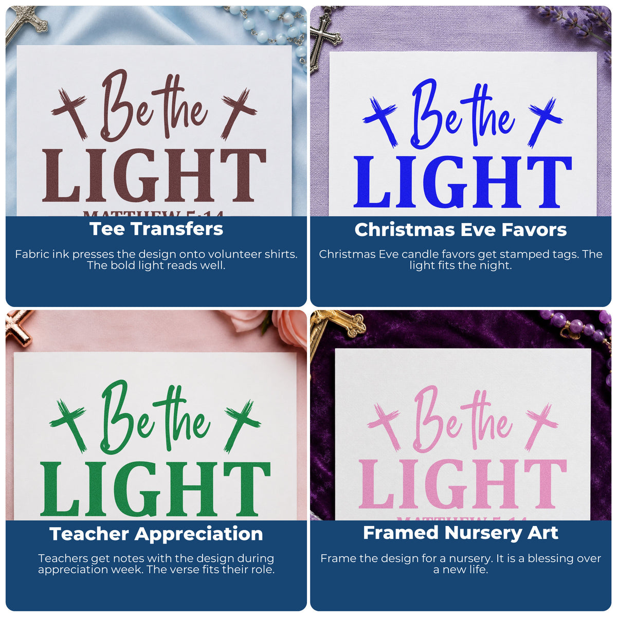 Four ways to use the Pre-Inked Be The Light Crosses With Cross Stamp – PSI: tee transfers, christmas eve favors, teacher appreciation and framed nursery art.