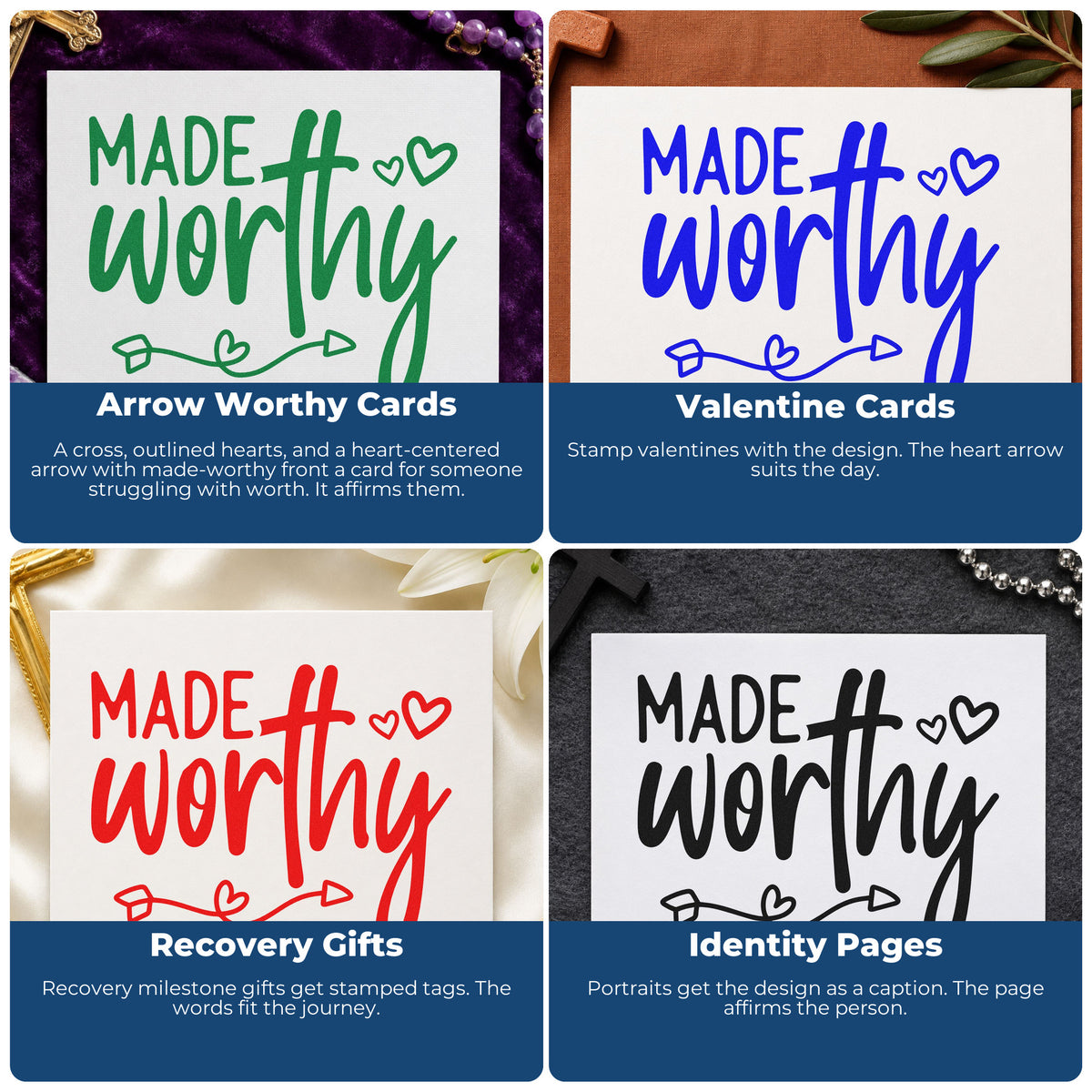 Four ways to use the Made Worthy Premium Wooden Stamp - Vintage Pro: arrow worthy cards, valentine cards, recovery gifts and identity pages.