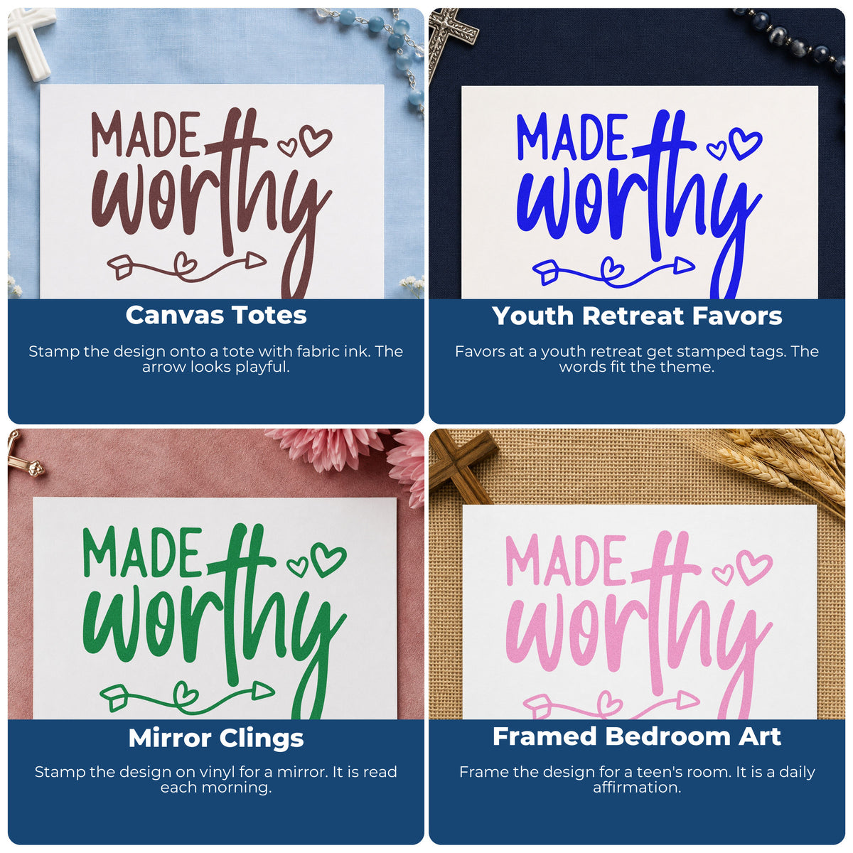 Four ways to use the Made Worthy Premium Wooden Stamp - Vintage Pro: canvas totes, youth retreat favors, mirror clings and framed bedroom art.