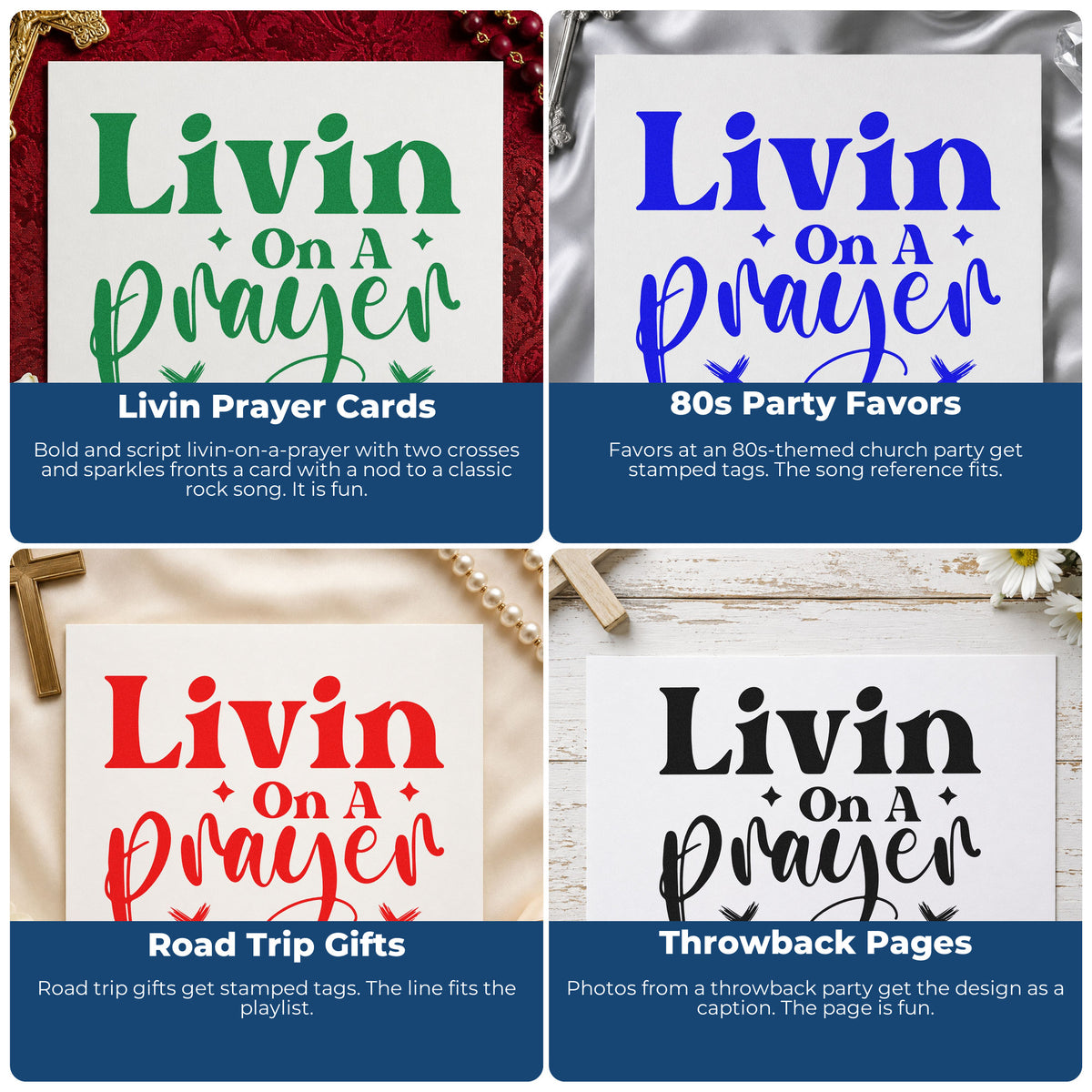 Four ways to use the Livin On A Prayer With Cross Duo Hand Stamp: livin prayer cards, 80s party favors, road trip gifts and throwback pages.