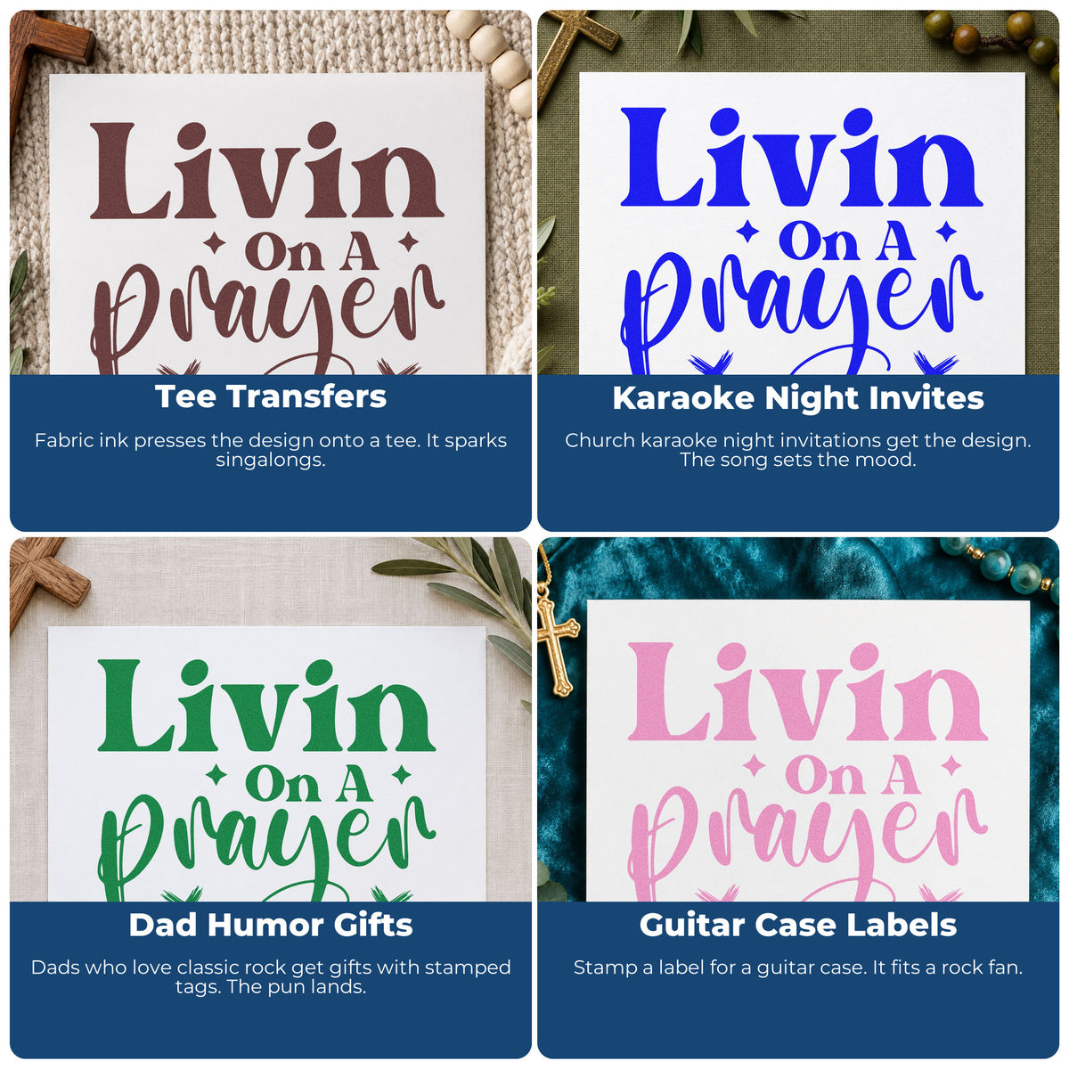 Four ways to use the Livin On A Prayer With Cross Slim Pre-Inked Stamp: tee transfers, karaoke night invites, dad humor gifts and guitar case labels.