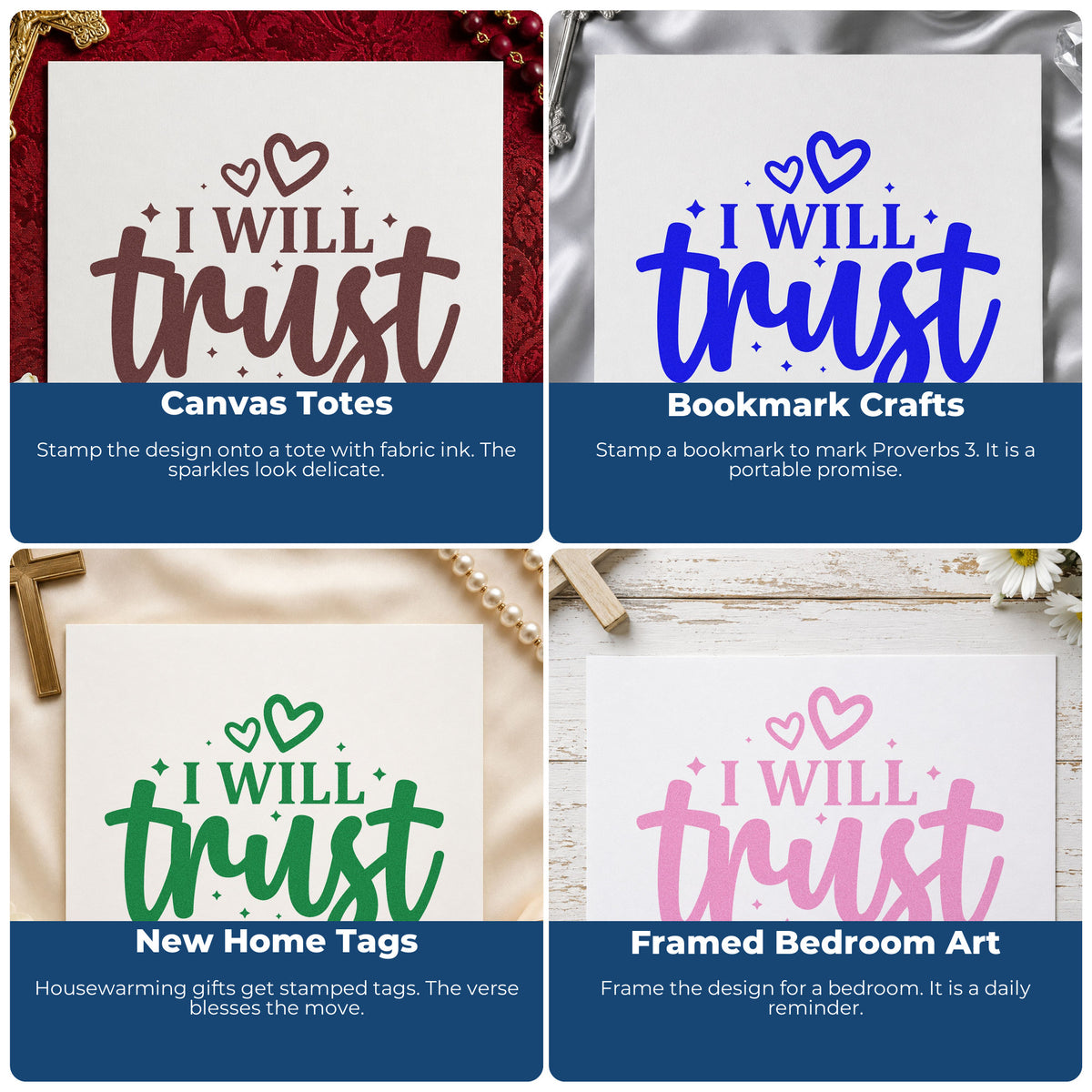 Four ways to use the I Will Trust Pre-Inked Stamp – PSI: canvas totes, bookmark crafts, new home tags and framed bedroom art.