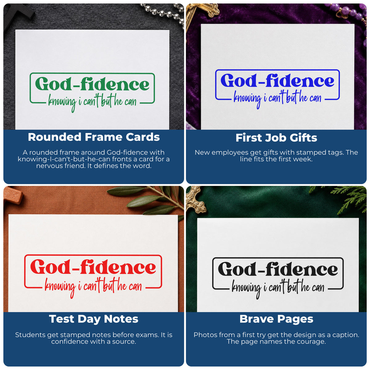 Four ways to use the Godfidence Knowing Badge Self-Inking Stamp: rounded frame cards, first job gifts, test day notes and brave pages.