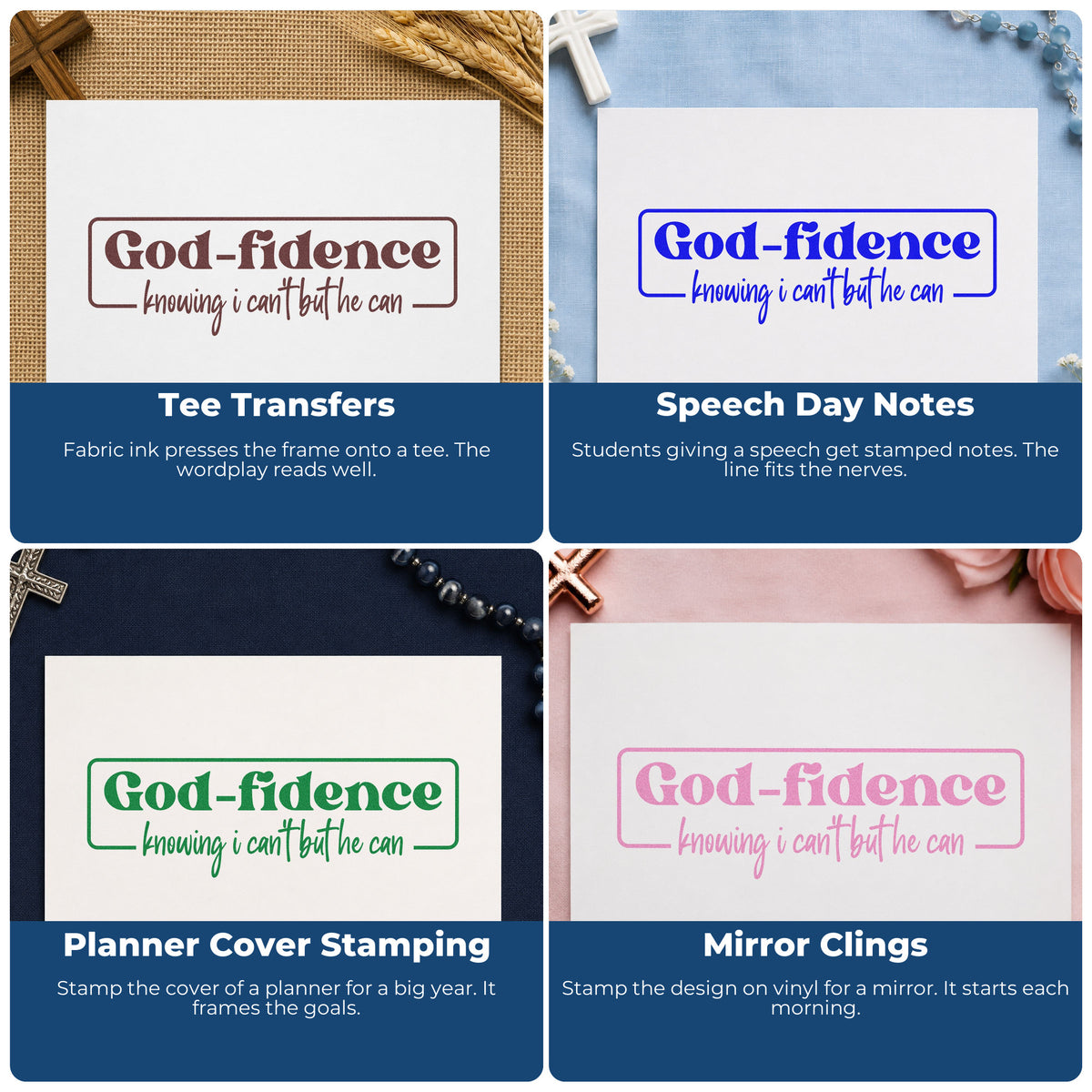 Four ways to use the Godfidence Knowing Badge Self-Inking Stamp: tee transfers, speech day notes, planner cover stamping and mirror clings.
