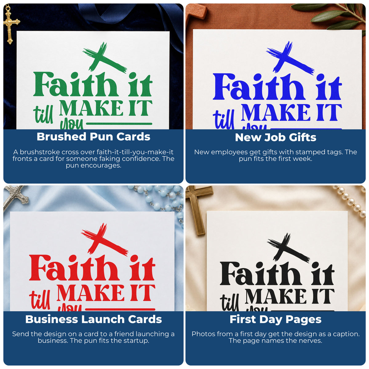 Four ways to use the Faith It Till You Make It Pre-Inked Stamp – PSI: brushed pun cards, new job gifts, business launch cards and first day pages.
