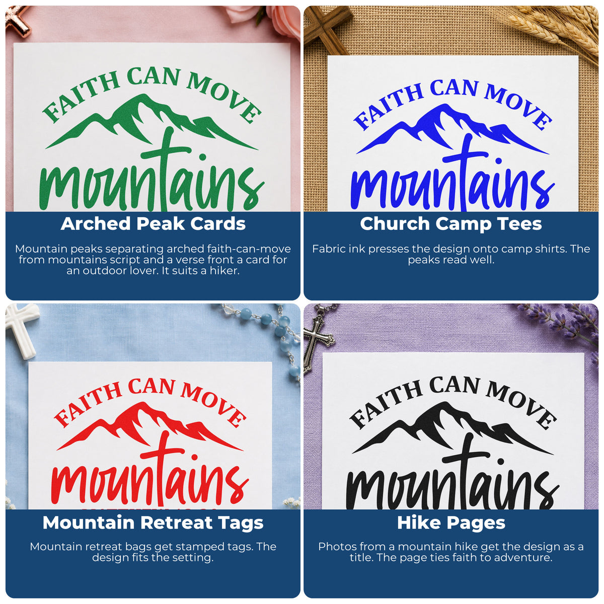 Four ways to use the Pre-Inked Faith Moves Mountains Peaks Arch Stamp – PSI: arched peak cards, church camp tees, mountain retreat tags and hike pages.
