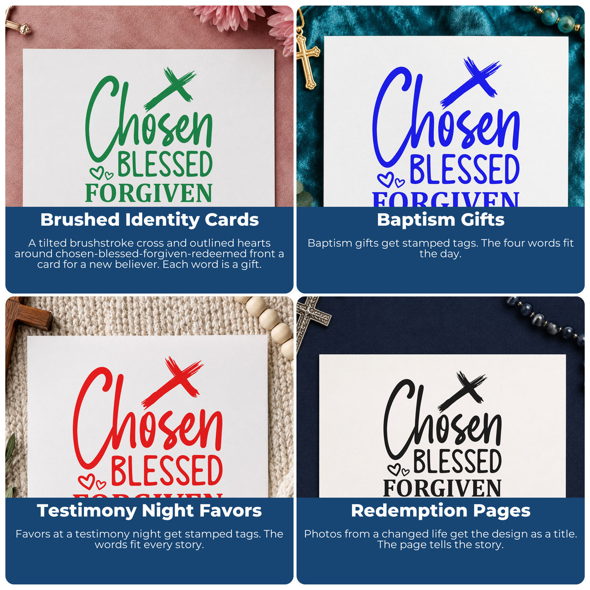 Four ways to use the Chosen Blessed Forgiven Redeemed Cross Compact Pre-Inked Stamp – Slim: brushed identity cards, baptism gifts, testimony night favors and redemption pages.