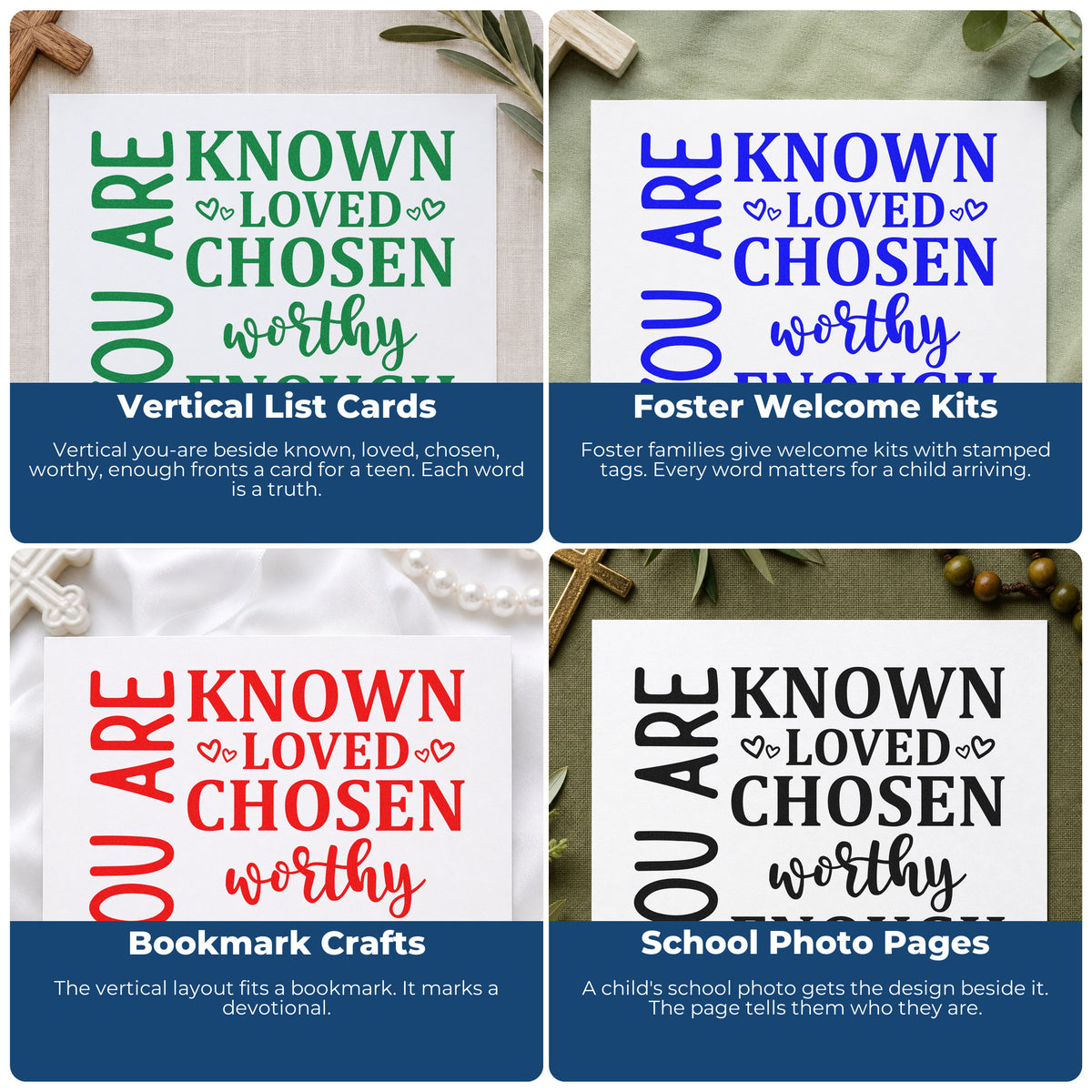 Four ways to use the Known, Loved, Chosen, Worthy, Enough Premium Wooden Stamp - Vintage Pro: vertical list cards, foster welcome kits, bookmark crafts and school photo pages.