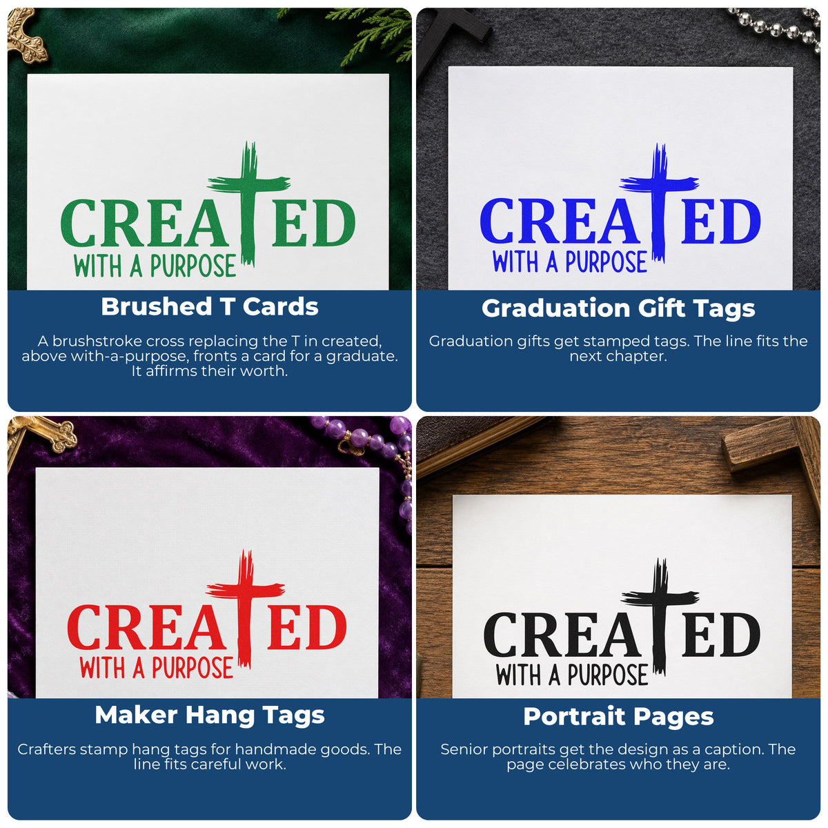 Four ways to use the Created With A Brushstroke Cross Premium Wooden Stamp - Vintage Pro: brushed t cards, graduation gift tags, maker hang tags and portrait pages.