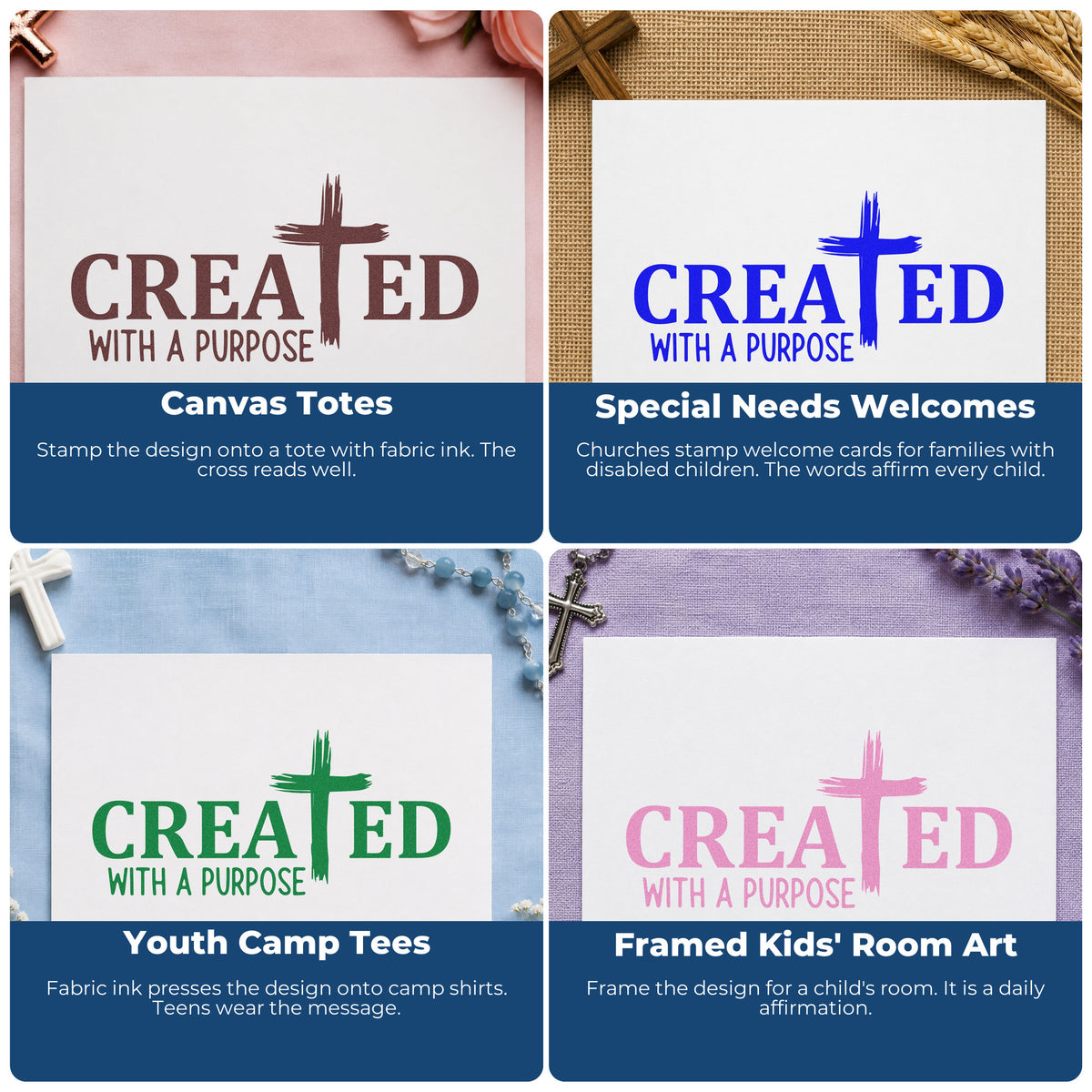 Four ways to use the Created With A Brushstroke Cross Pre-Inked Stamp – PSI: canvas totes, special needs welcomes, youth camp tees and framed kids' room art.