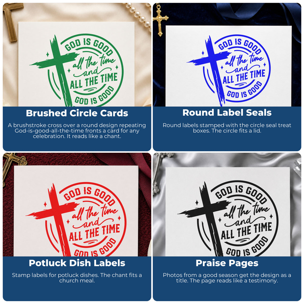 Four ways to use the God Is Good Cross Circle Premium Wood-Mounted Stamp - Vintage Pro: brushed circle cards, round label seals, potluck dish labels and praise pages.