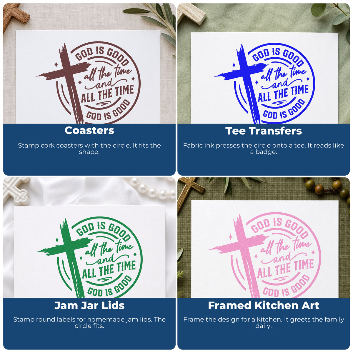 Four ways to use the Self-Inking God Is Good Cross Circle Stamp: coasters, tee transfers, jam jar lids and framed kitchen art.