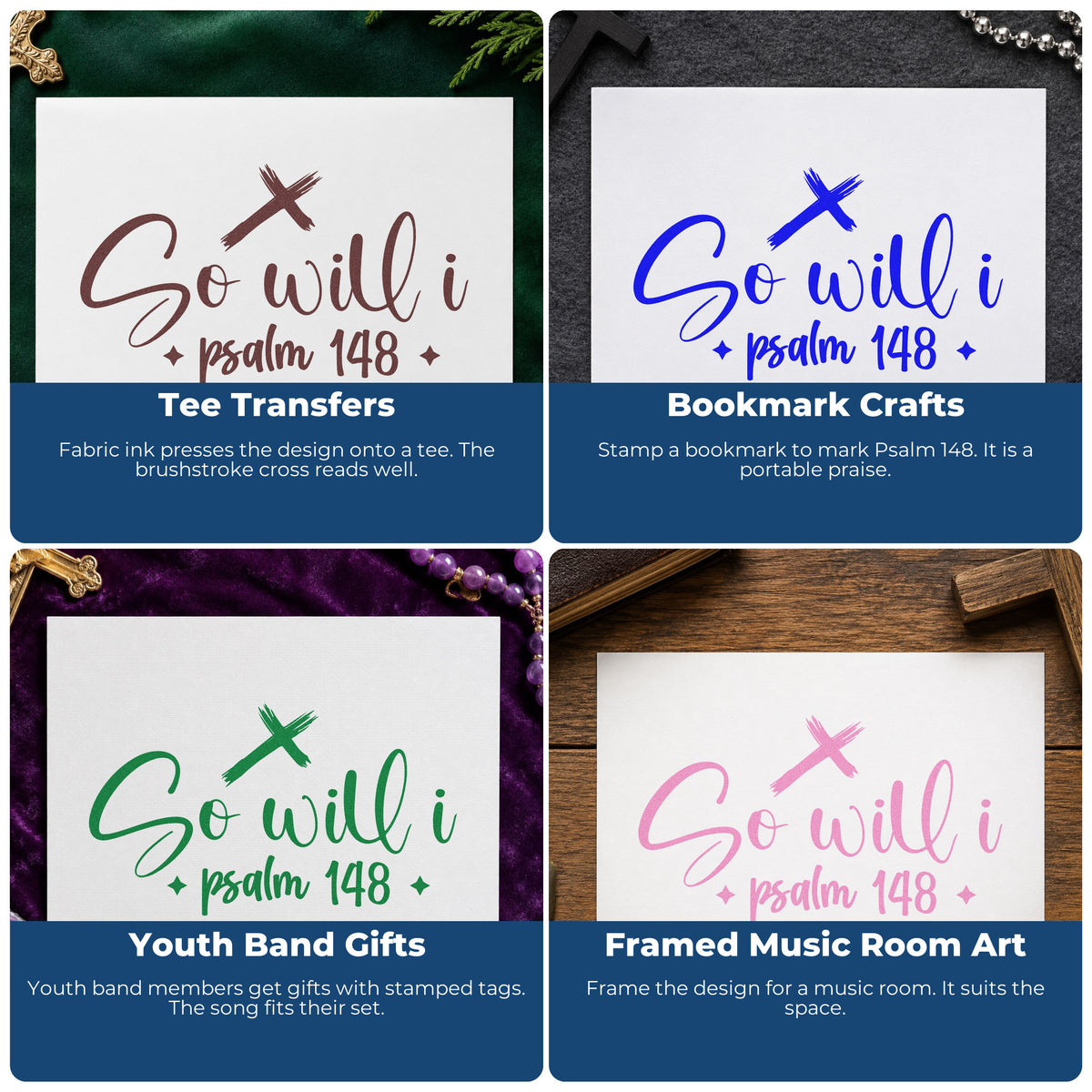 Four ways to use the Wood Handle So Will I Cross Script Lettering Rubber Stamp: tee transfers, bookmark crafts, youth band gifts and framed music room art.