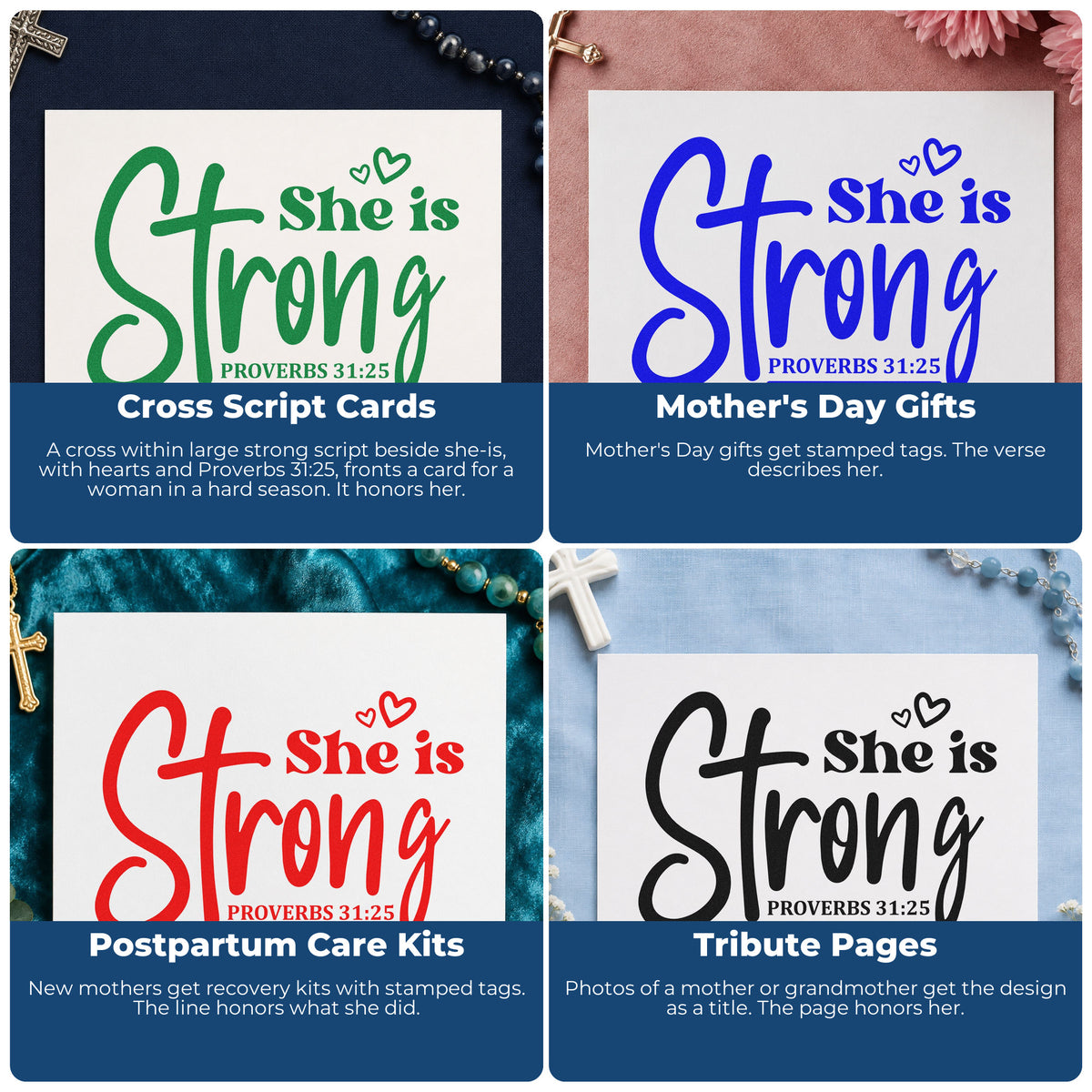 Four ways to use the She Is Strong Cross Script Wood Handle Stamp: cross script cards, mother's day gifts, postpartum care kits and tribute pages.
