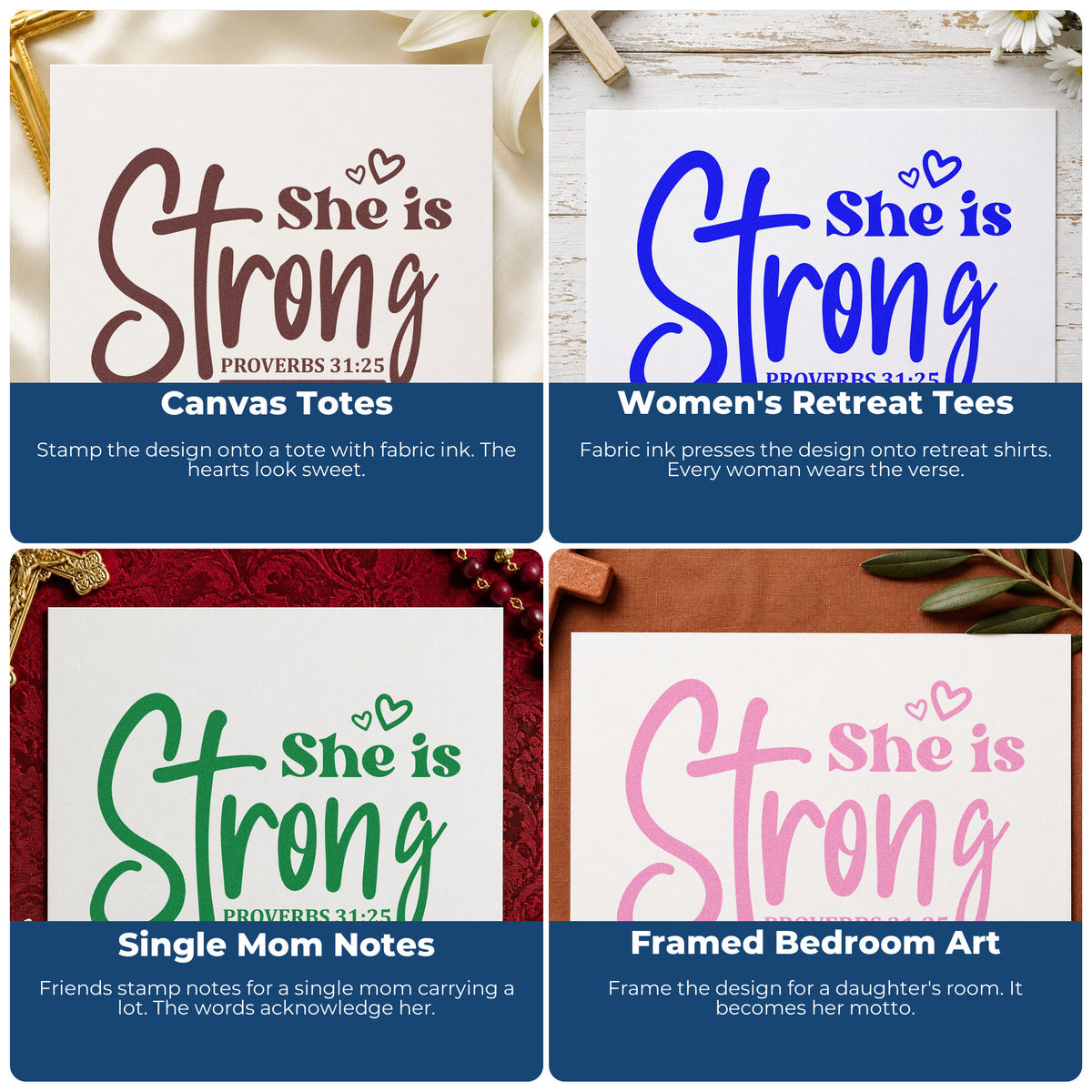 Four ways to use the She Is Strong Cross Script Wood Handle Stamp: canvas totes, women's retreat tees, single mom notes and framed bedroom art.
