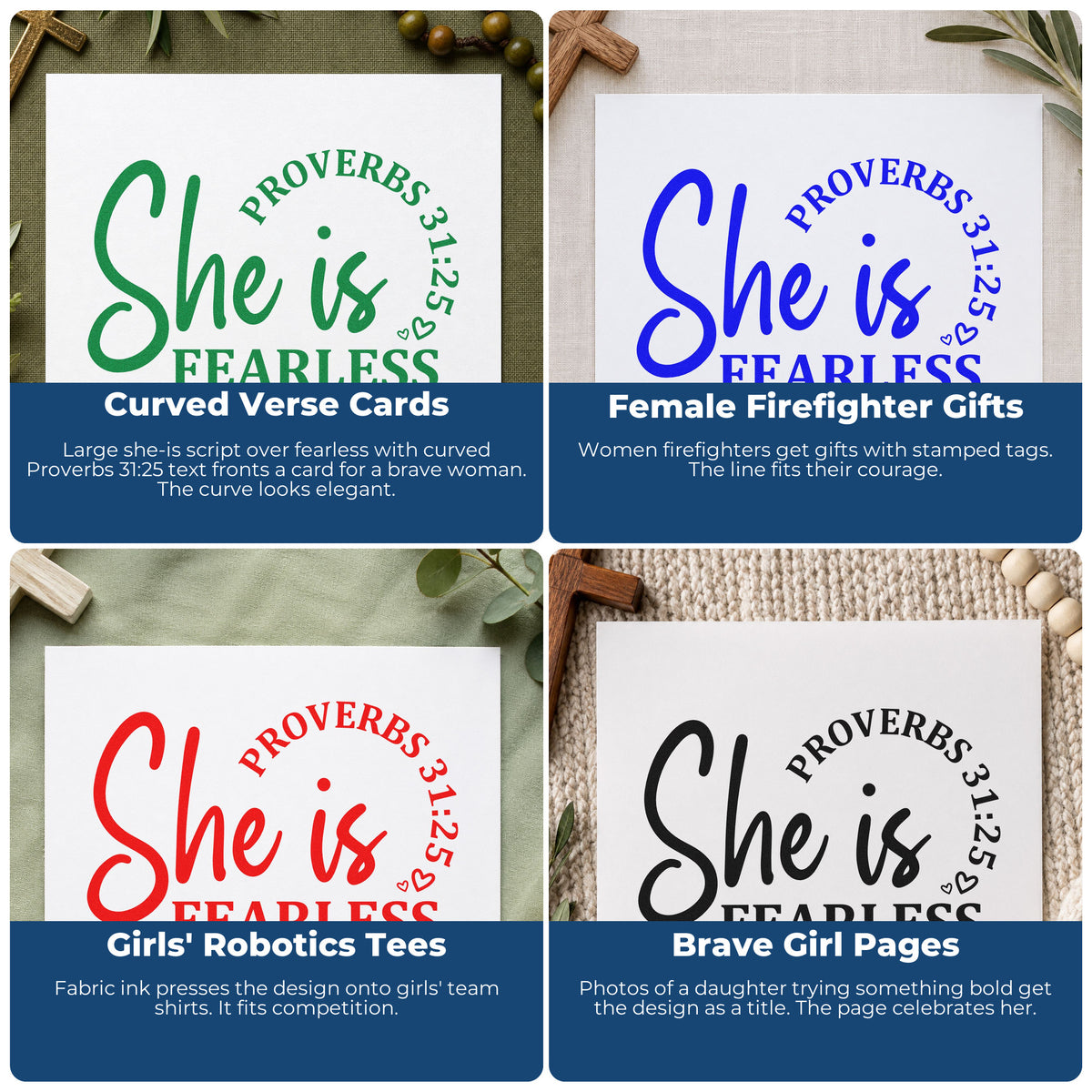 Four ways to use the She Is Fearless Script Lettering Rubber Stamp – Wood Handle: curved verse cards, female firefighter gifts, girls' robotics tees and brave girl pages.