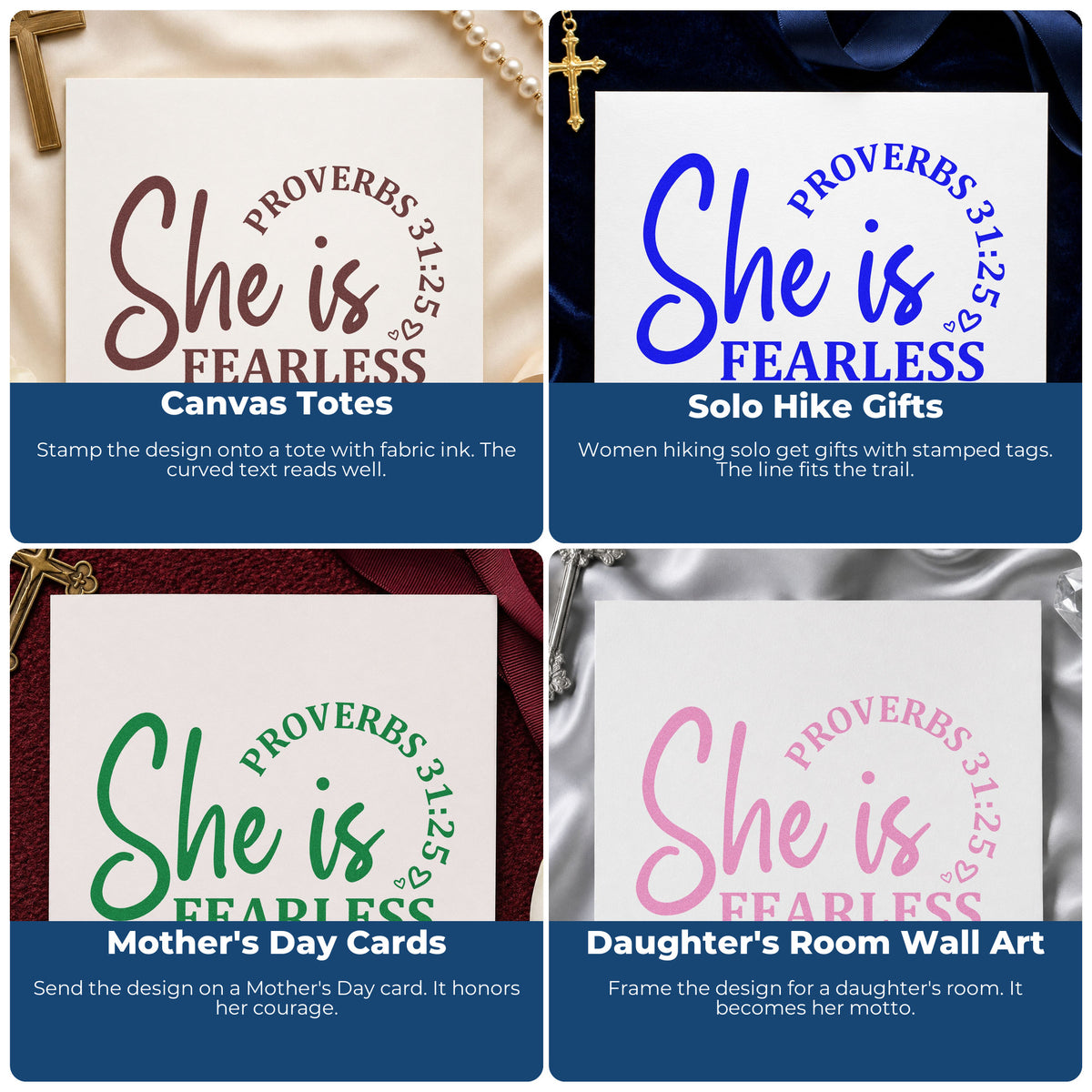 Four ways to use the She Is Fearless Script Lettering Stamp - Premium Vintage Pro Wooden: canvas totes, solo hike gifts, mother's day cards and daughter's room wall art.