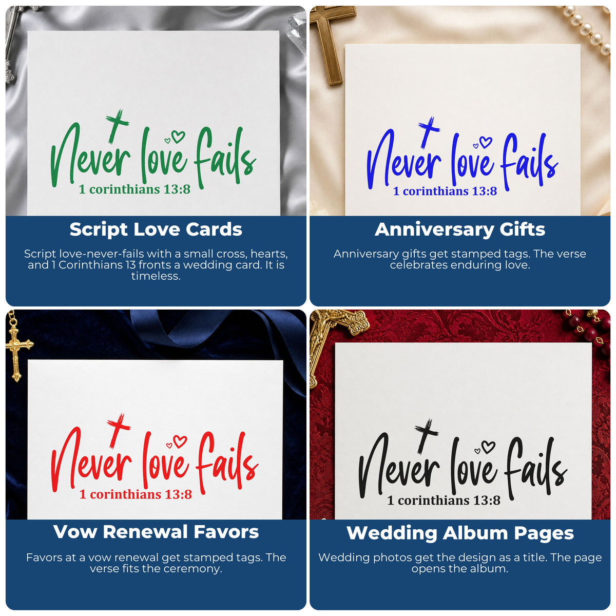 Four ways to use the Never Love Fails Scripture Lettering Self-Inking Stamp: script love cards, anniversary gifts, vow renewal favors and wedding album pages.
