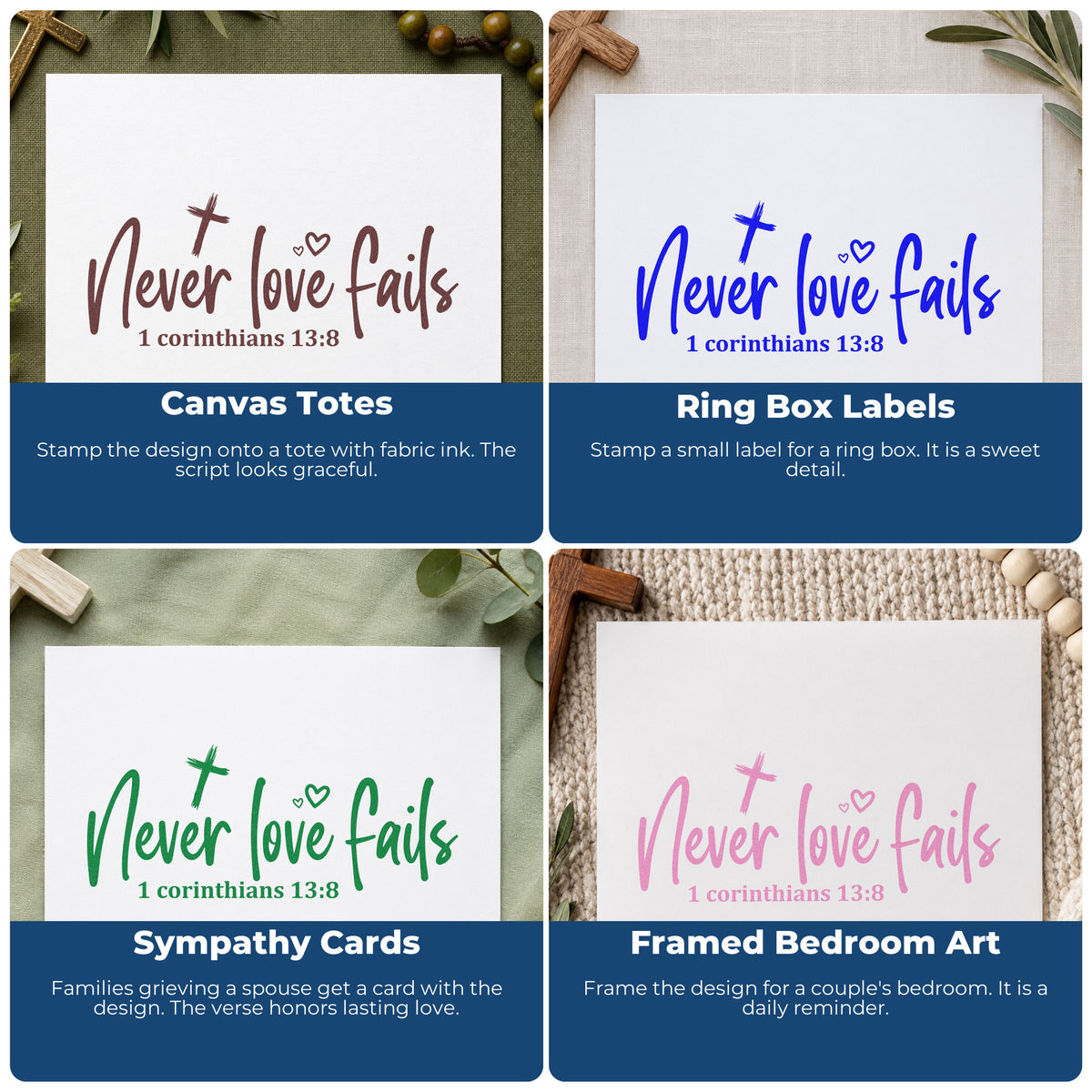 Four ways to use the Never Love Fails Scripture Lettering Premium Wooden Stamp - Vintage Pro: canvas totes, ring box labels, sympathy cards and framed bedroom art.