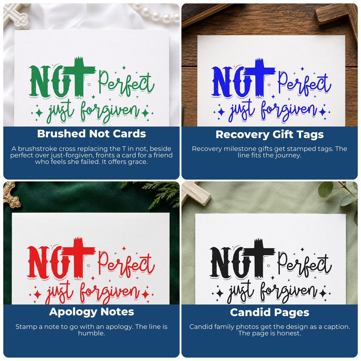 Four ways to use the Not Perfect Just Forgiven Brush Rubber Stamp – Wood Handle: brushed not cards, recovery gift tags, apology notes and candid pages.