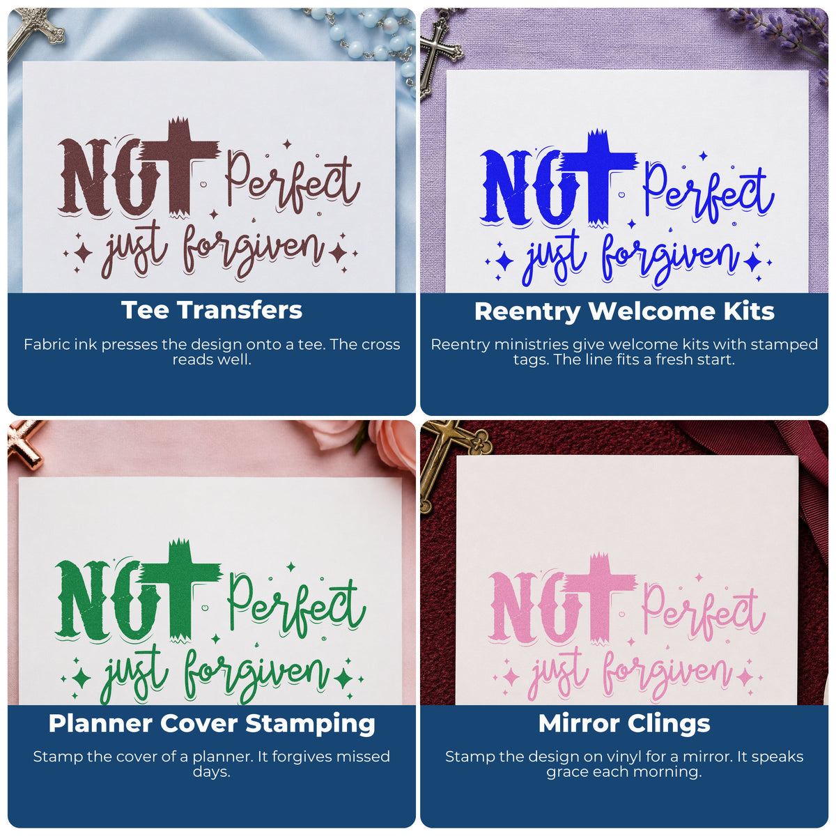 Four ways to use the Not Perfect Just Forgiven Brush Rubber Stamp – Wood Handle: tee transfers, reentry welcome kits, planner cover stamping and mirror clings.
