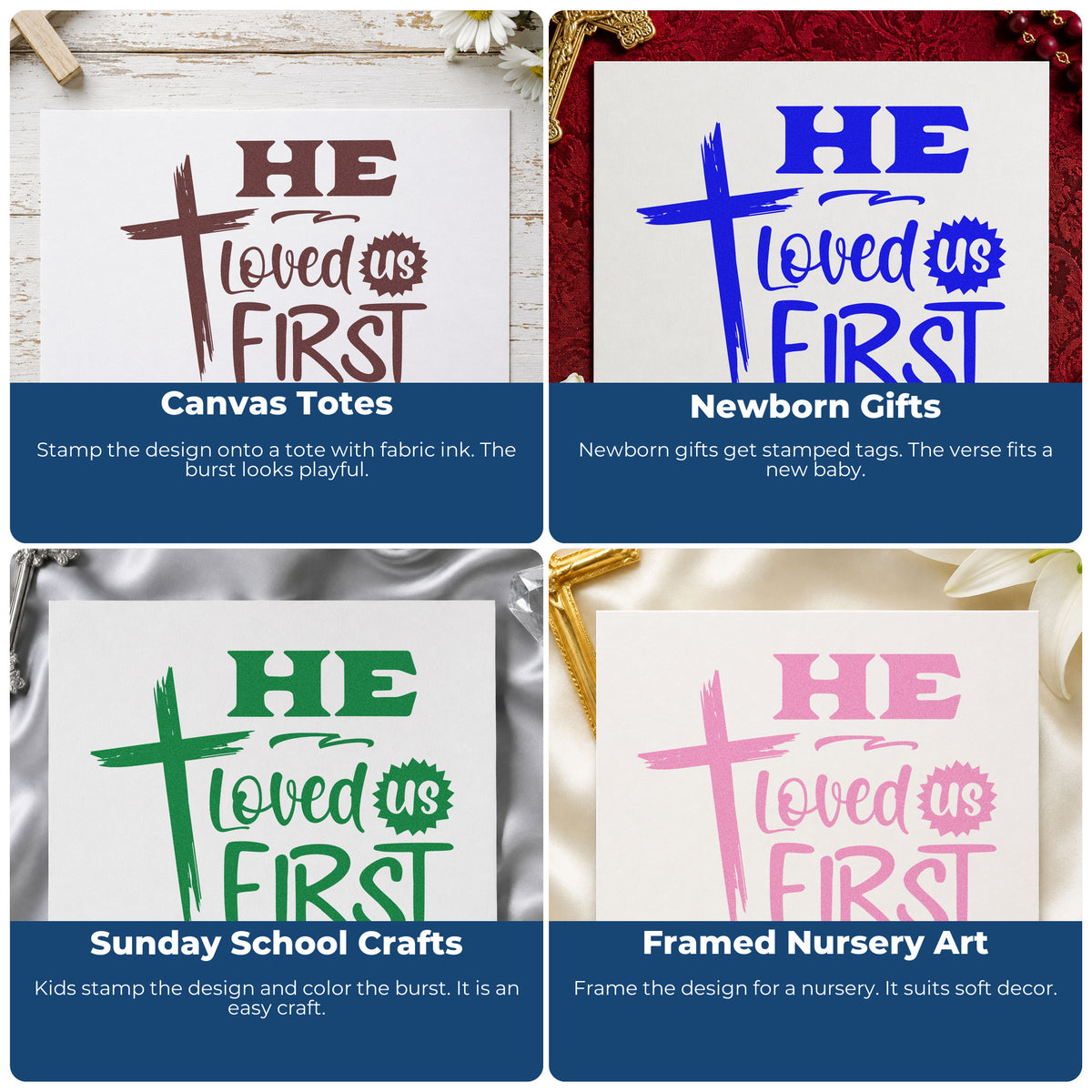 Four ways to use the Wood Handle He Loved Us First Brushstroke Cross Rubber Stamp: canvas totes, newborn gifts, sunday school crafts and framed nursery art.