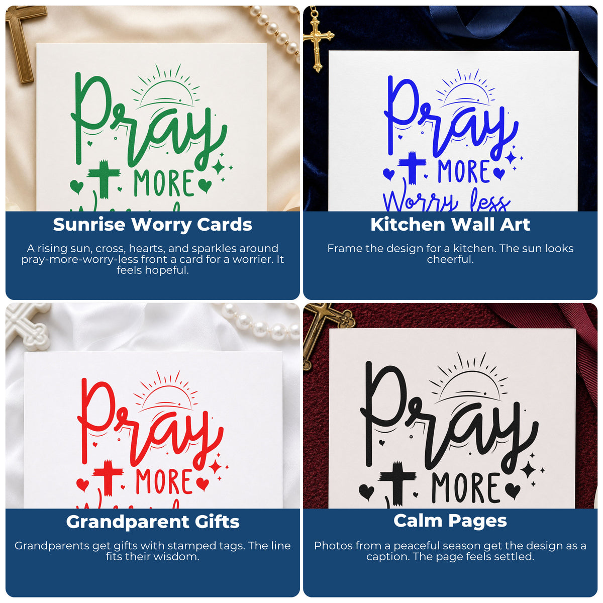 Four ways to use the Pray More Worry Less Sunrise Self-Inking Stamp: sunrise worry cards, kitchen wall art, grandparent gifts and calm pages.