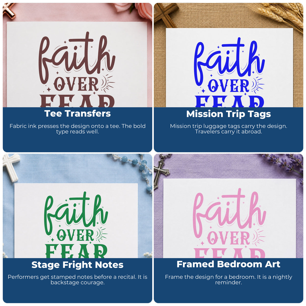 Four ways to use the Faith Over Fear Sunburst With Sparkles Hand Stamp – Duo: tee transfers, mission trip tags, stage fright notes and framed bedroom art.