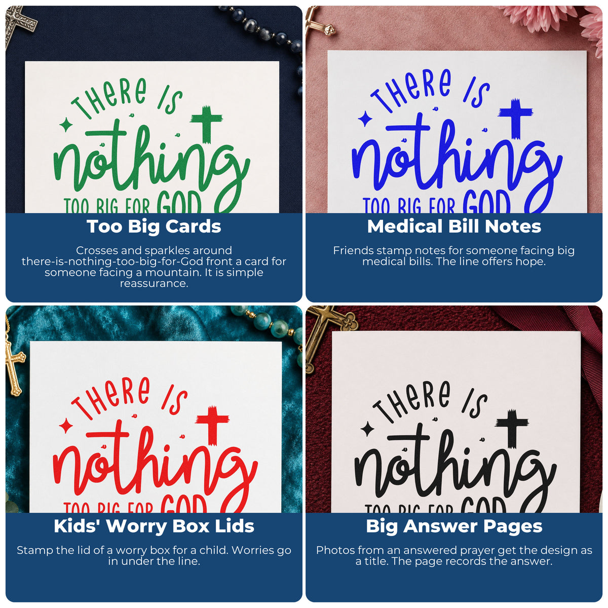 Four ways to use the There Is Nothing Too Big For God Pre-Inked Stamp – PSI: too big cards, medical bill notes, kids' worry box lids and big answer pages.