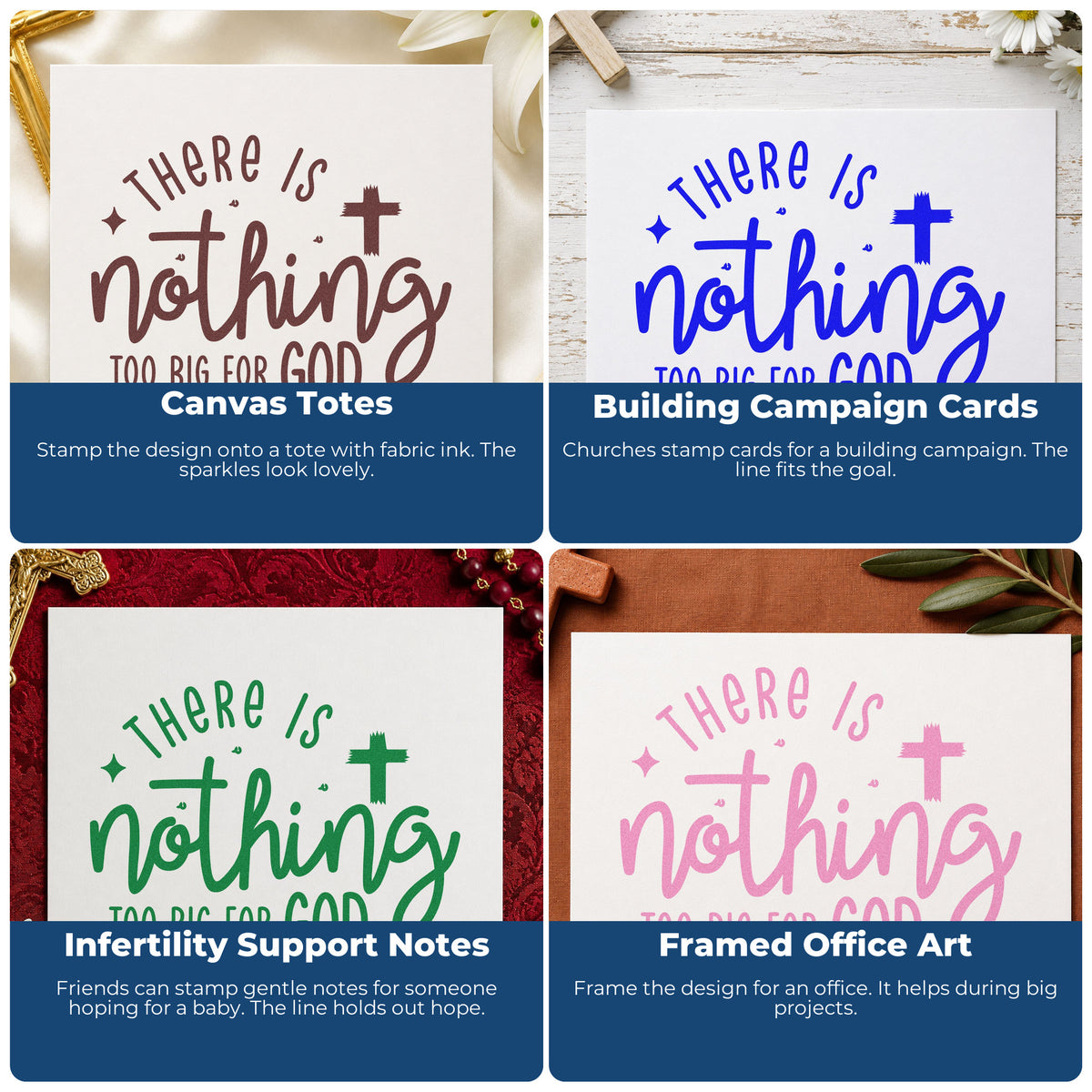 Four ways to use the There Is Nothing Too Big For God Premium Wooden Stamp - Vintage Pro: canvas totes, building campaign cards, infertility support notes and framed office art.