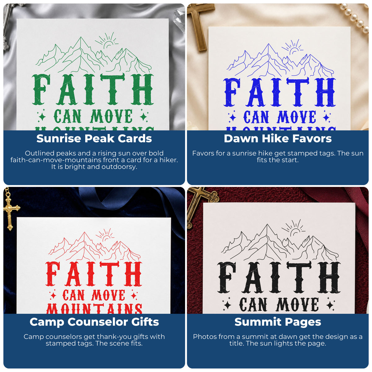 Four ways to use the Faith Can Move Mountains Peaks Sunrise Pre-Inked Stamp – Slim: sunrise peak cards, dawn hike favors, camp counselor gifts and summit pages.