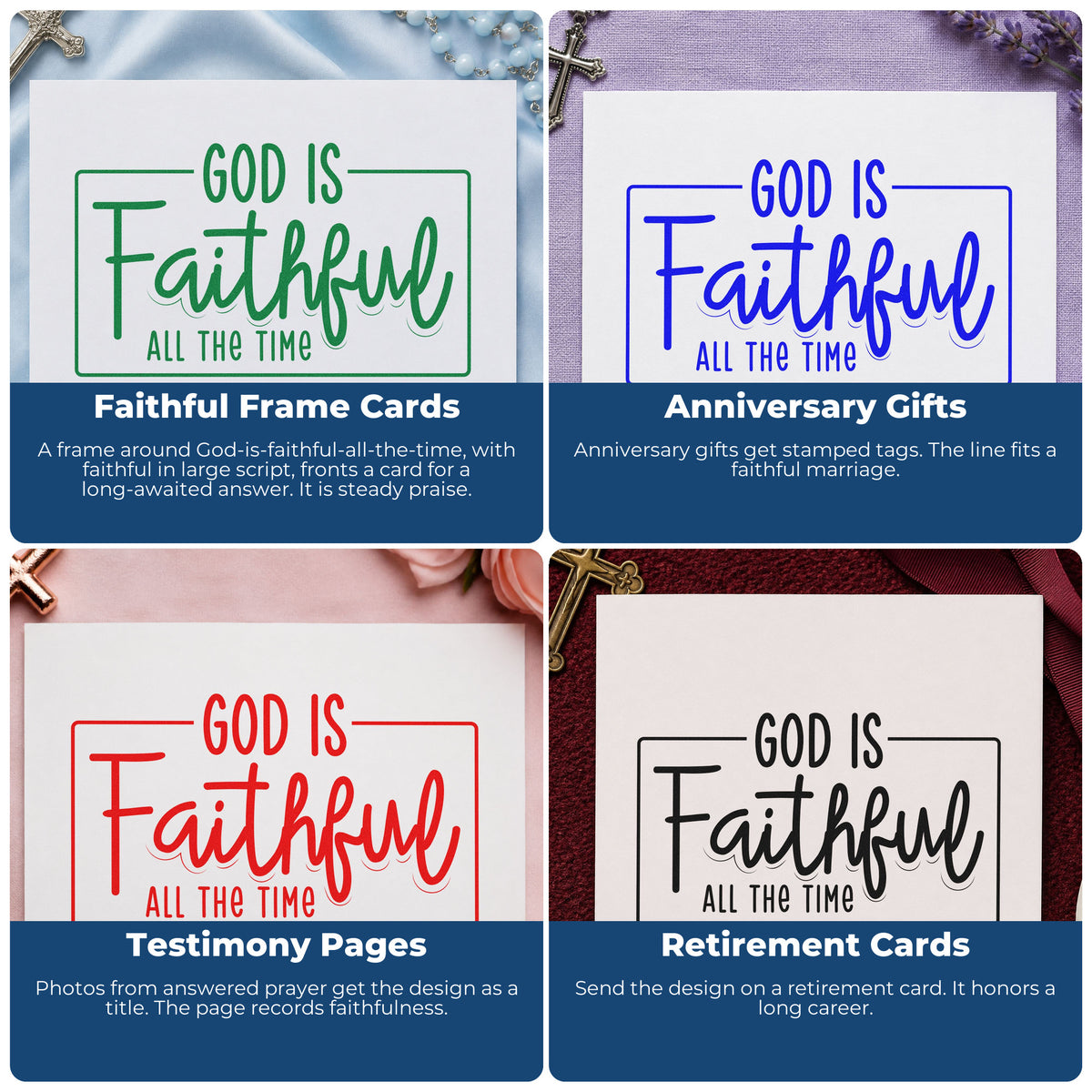 Four ways to use the God Is Faithful Rubber Stamp – Duo Hand: faithful frame cards, anniversary gifts, testimony pages and retirement cards.