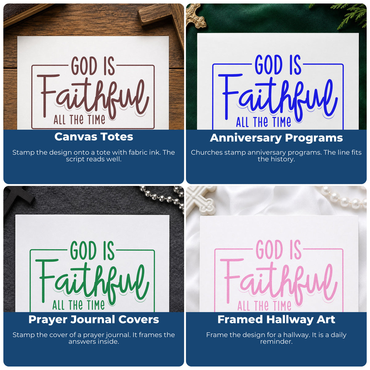 Four ways to use the God Is Faithful Rubber Stamp – Duo Hand: canvas totes, anniversary programs, prayer journal covers and framed hallway art.
