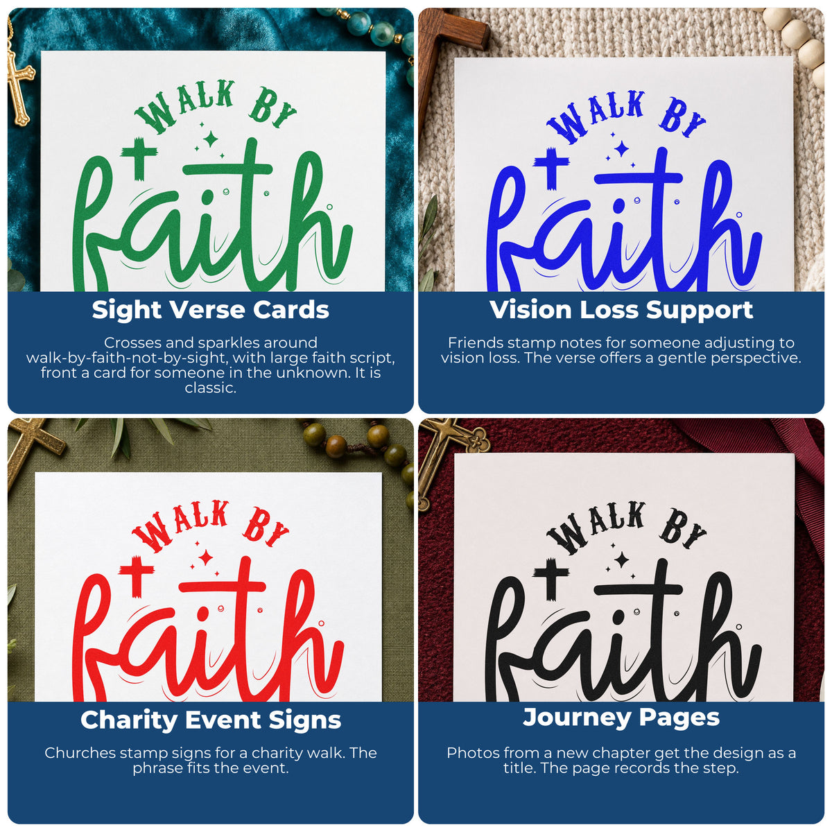 Four ways to use the Slim Pre-Inked Walk By Faith Not Sight Stamp: sight verse cards, vision loss support, charity event signs and journey pages.