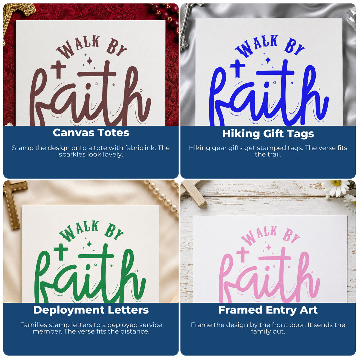Four ways to use the Walk By Faith Not Sight Premium Wooden Stamp - Vintage Pro: canvas totes, hiking gift tags, deployment letters and framed entry art.
