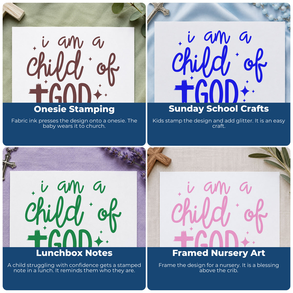 Four ways to use the I Am A Child Of God With Cross Self-Inking Stamp: onesie stamping, sunday school crafts, lunchbox notes and framed nursery art.