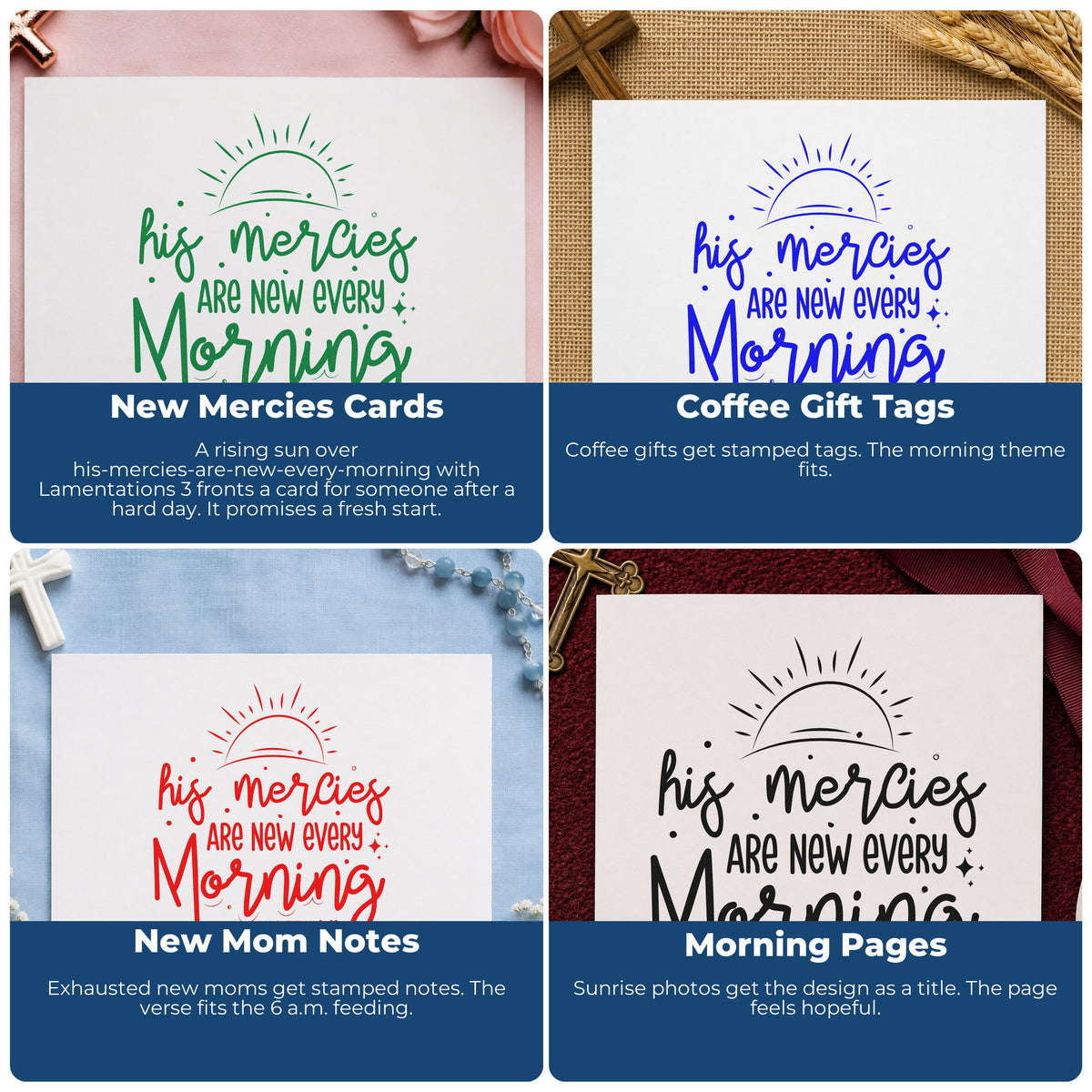 Four ways to use the Self-Inking New Morning Mercies Rising Sun Stamp: new mercies cards, coffee gift tags, new mom notes and morning pages.
