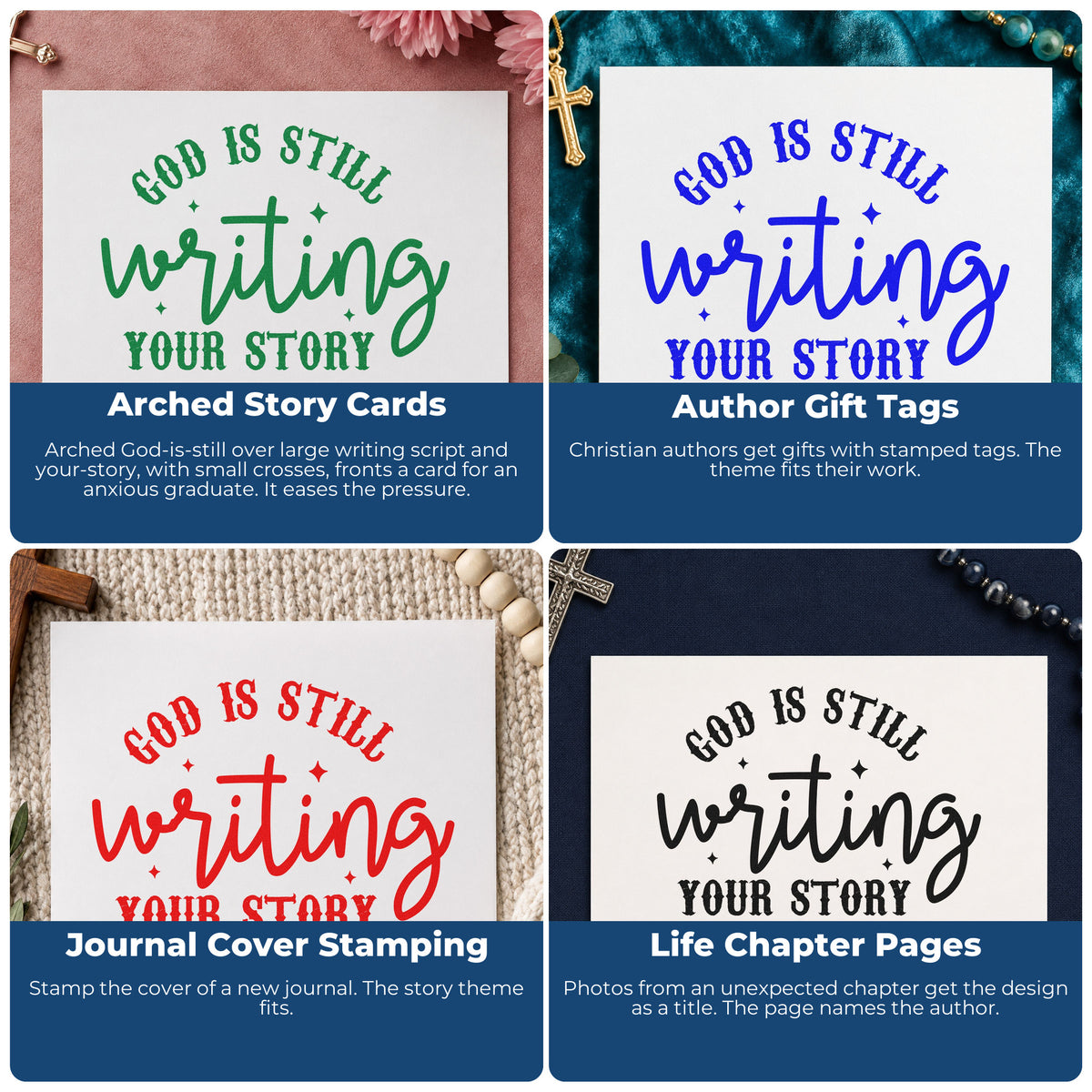 Four ways to use the Wood Handle God Is Writing Your Story With Cross Rubber Stamp: arched story cards, author gift tags, journal cover stamping and life chapter pages.